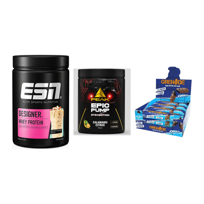Home-Gym-Starter: ESN Designer + Peak Epic Pump + 5× Grenade Protein – alle enthaltenen Artikel