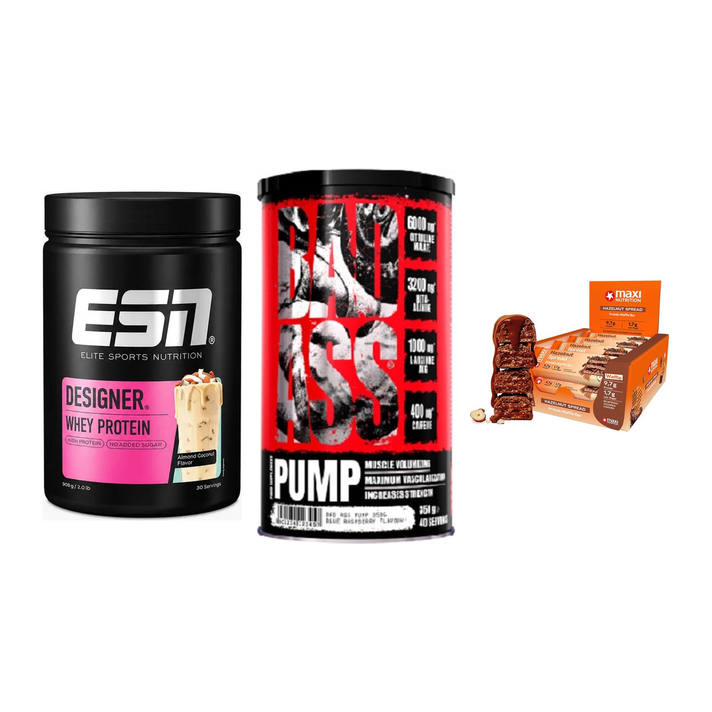 Home-Gym-Starter: ESN Designer + BAD ASS Pump + 5× MaxiNutrition – alle enthaltenen Artikel