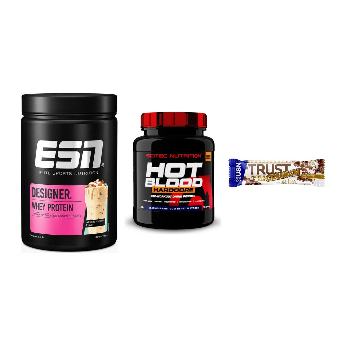 Home-Gym-Starter: ESN Designer + Scitec Hot + 5× USN TRUST – alle enthaltenen Artikel