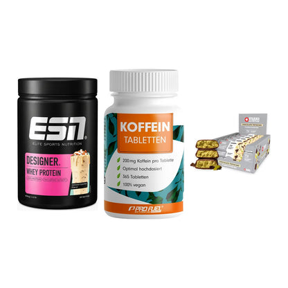 Home-Gym-Starter: ESN Designer + ProFuel Koffein + 5× MaxiNutrition – alle enthaltenen Artikel