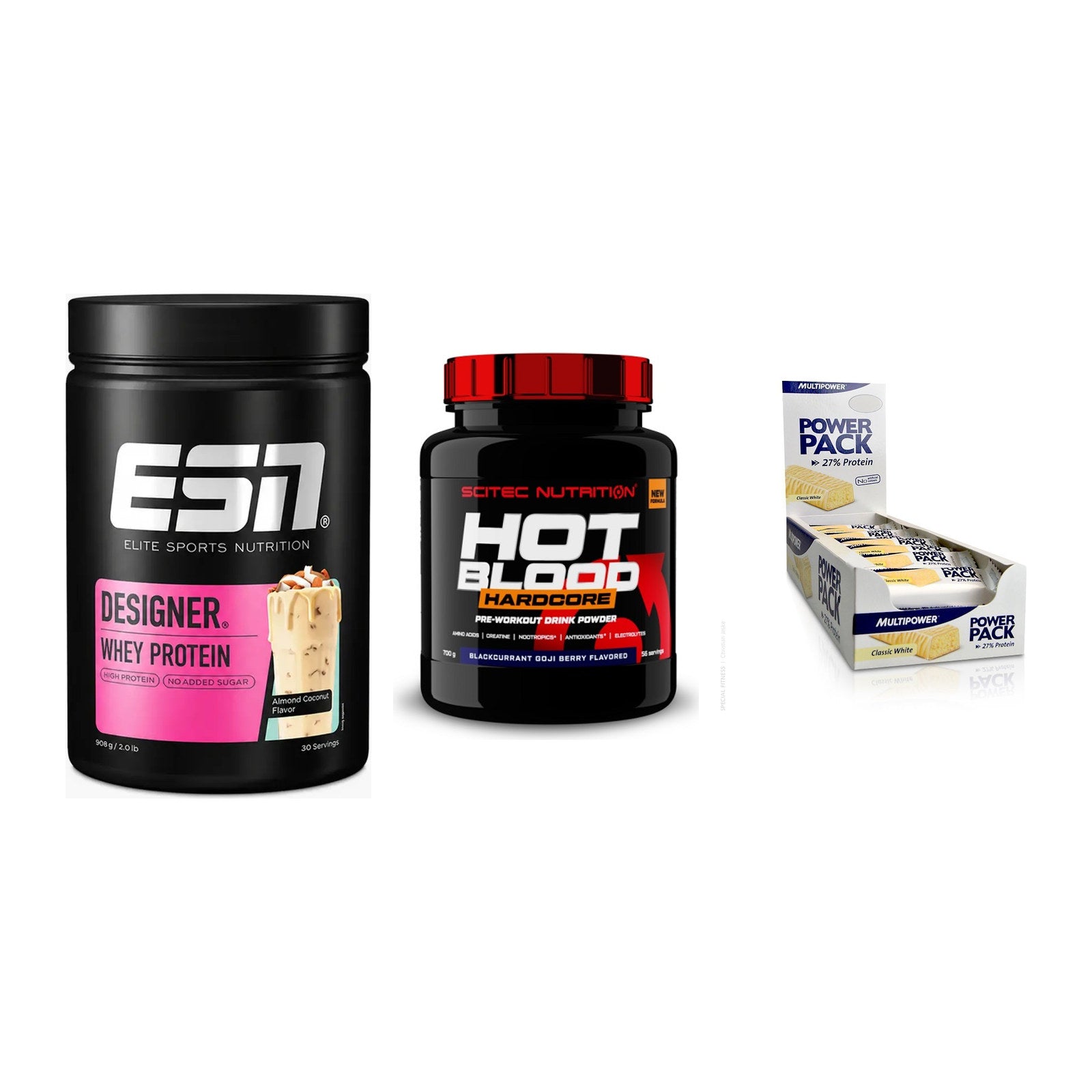 Home-Gym-Starter: ESN Designer + Scitec Hot + 5× Multipower – alle enthaltenen Artikel