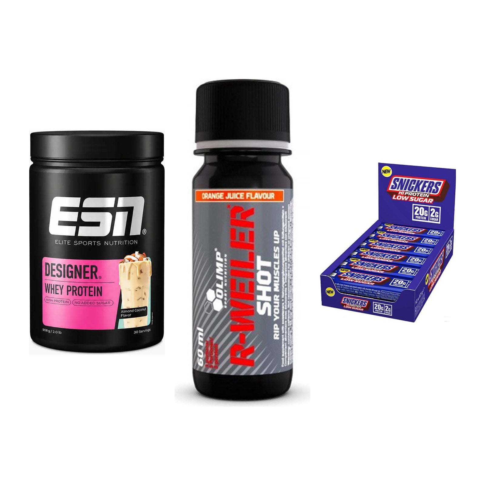Home-Gym-Starter: ESN Designer + Olimp R-Weiler + 5× Snickers LOW – alle enthaltenen Artikel