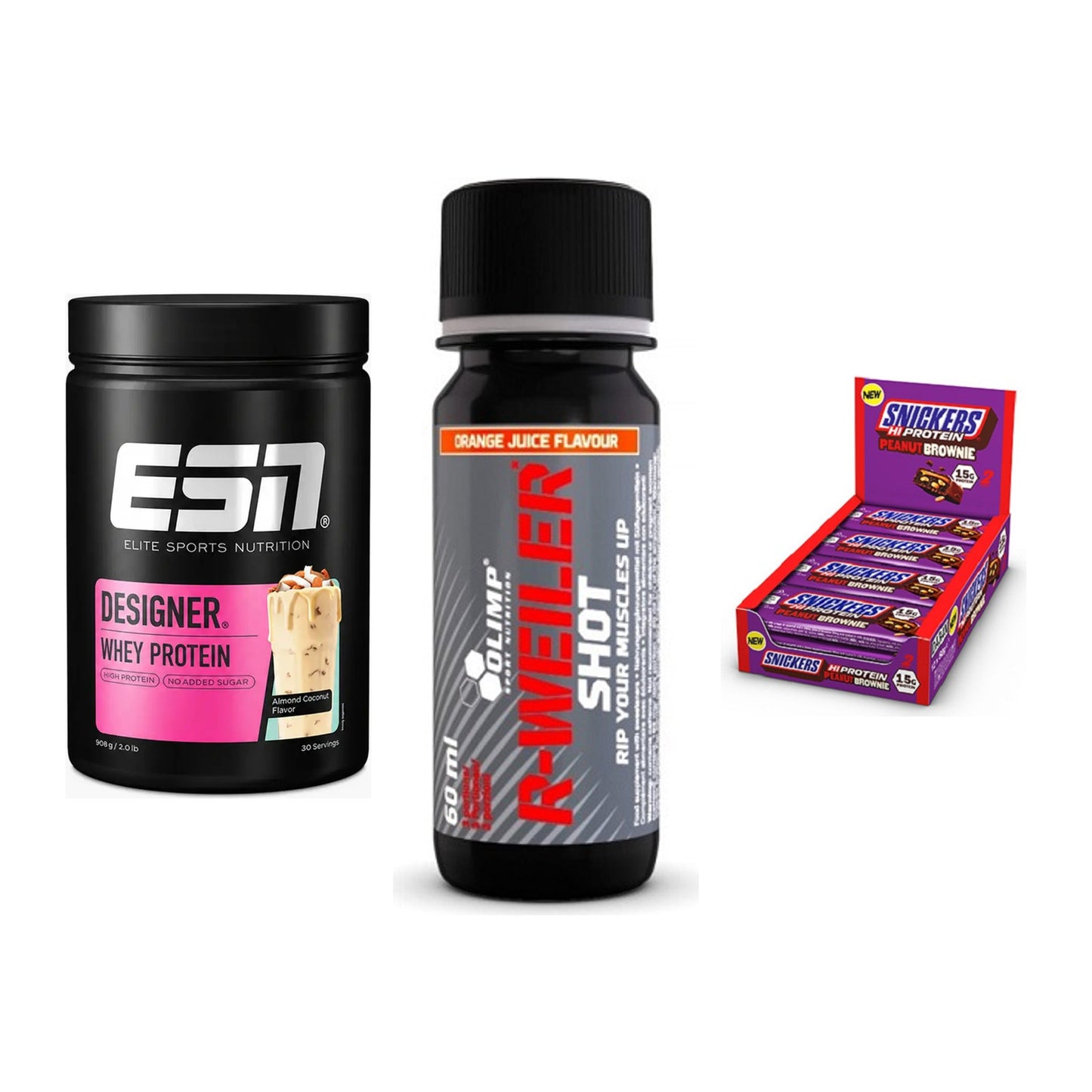 Home-Gym-Starter: ESN Designer + Olimp R-Weiler + 5× Snickers High – alle enthaltenen Artikel
