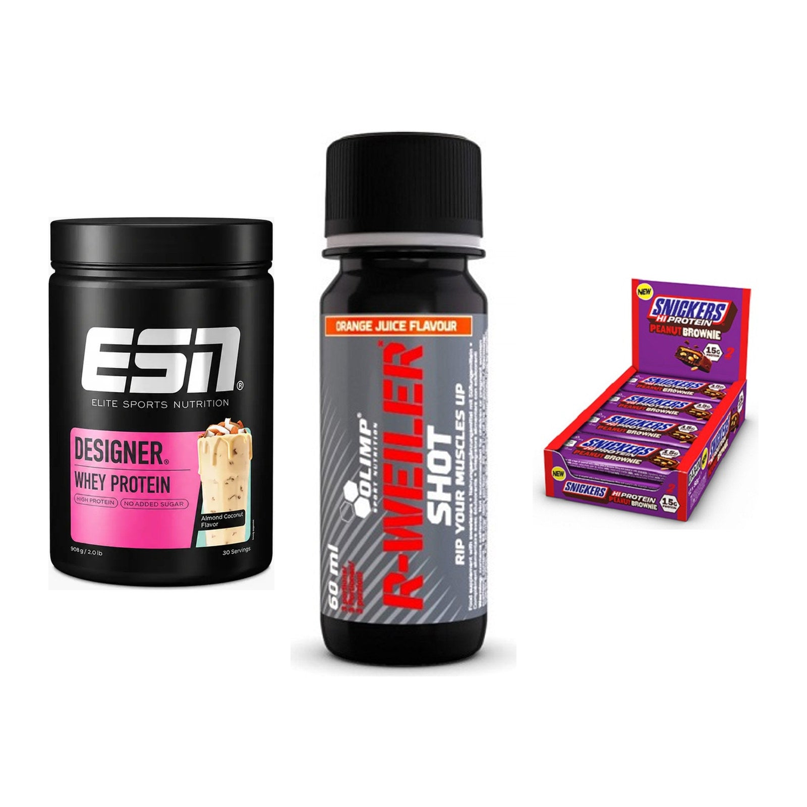 Home-Gym-Starter: ESN Designer + Olimp R-Weiler + 5× Snickers High – alle enthaltenen Artikel
