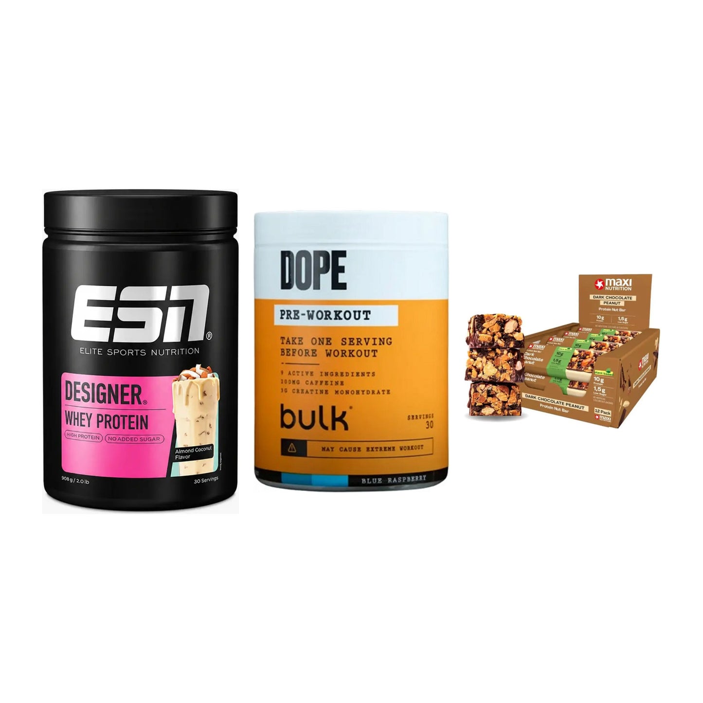 Home-Gym-Starter: ESN Designer + Bulk Dope + 5× MaxiNutrition – alle enthaltenen Artikel