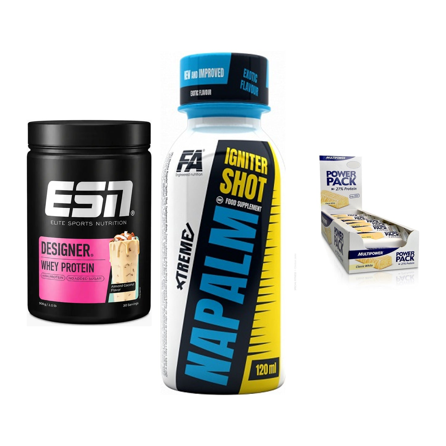 Home-Gym-Starter: ESN Designer + FA Nutrition + 5× Multipower – alle enthaltenen Artikel