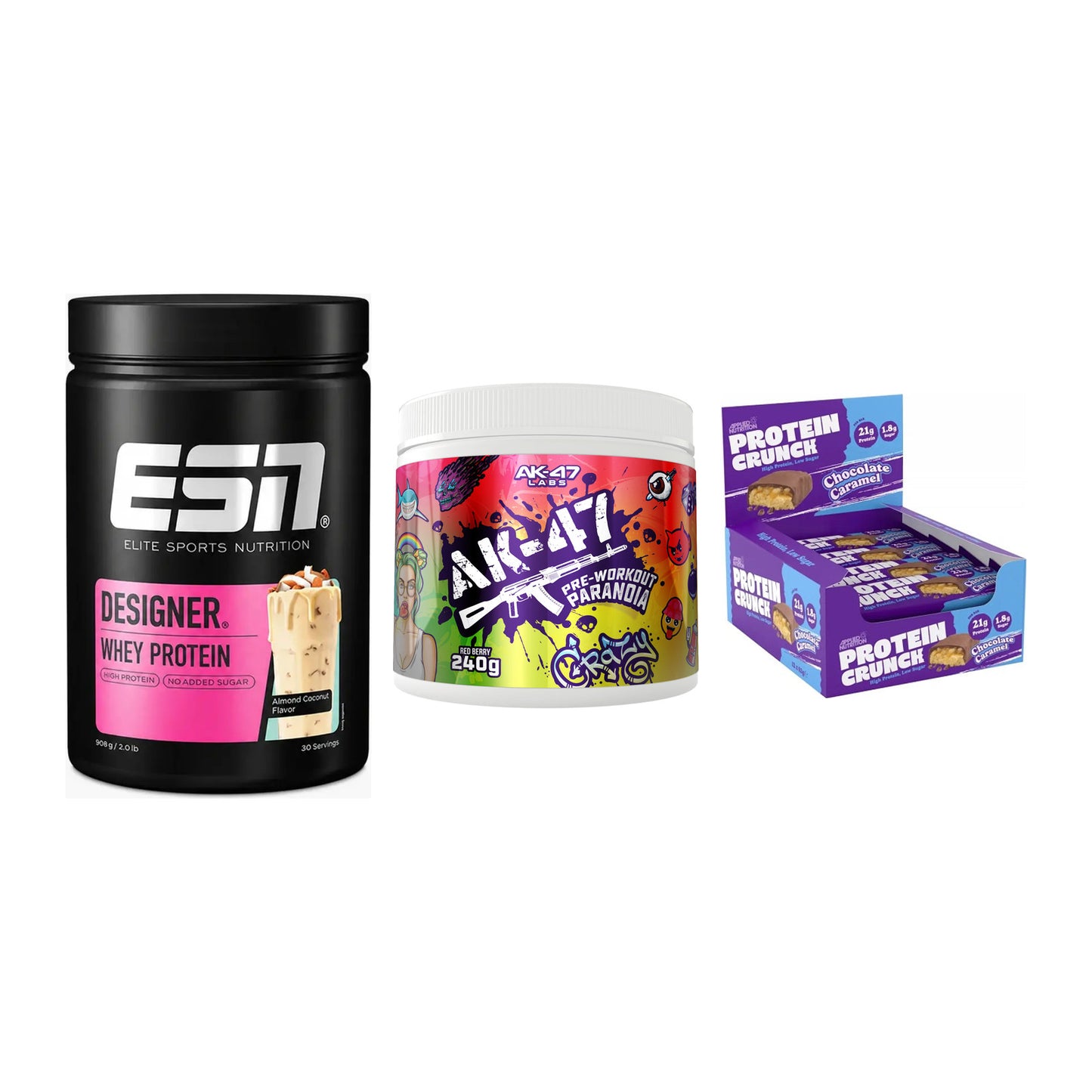Home-Gym-Starter: ESN Designer + AK47 Labs + 5× Applied Protein – alle enthaltenen Artikel