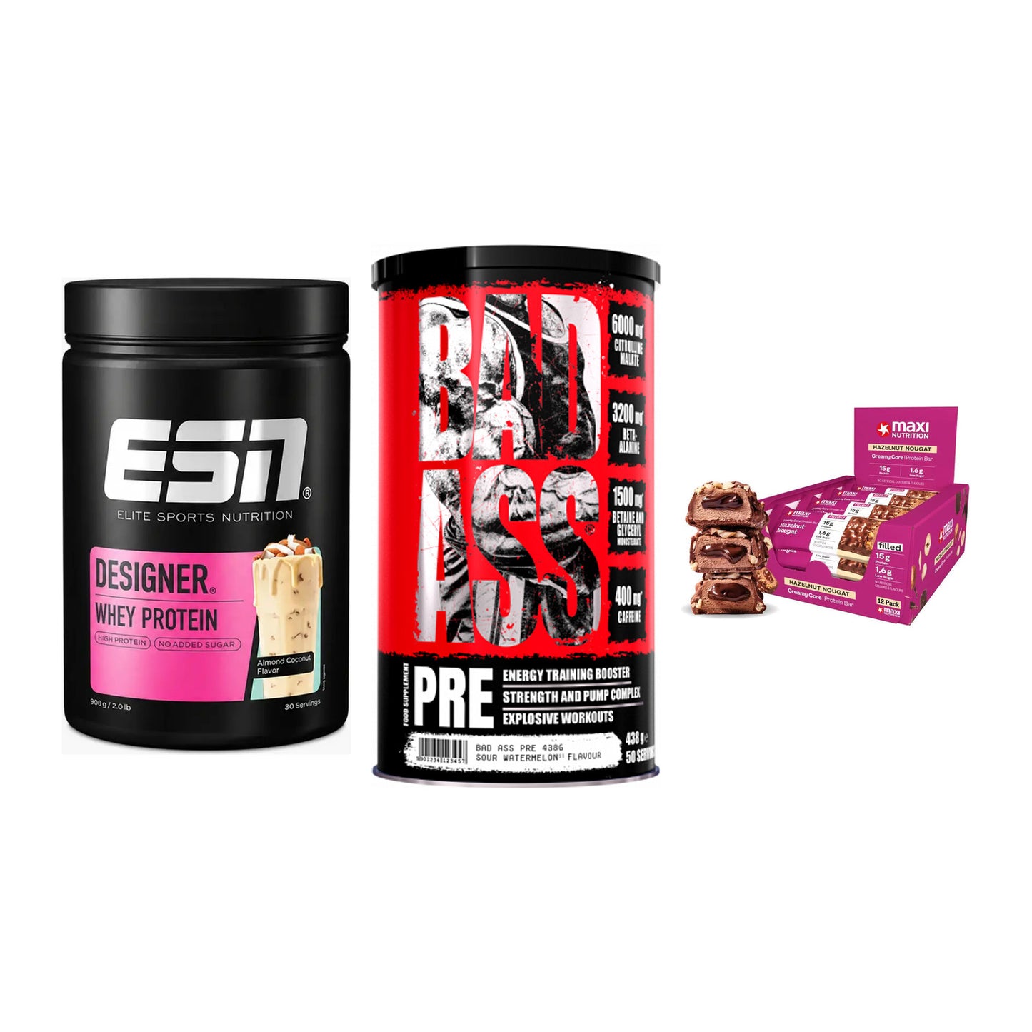 Home-Gym-Starter: ESN Designer + BAD ASS Pre + 5× MaxiNutrition – alle enthaltenen Artikel