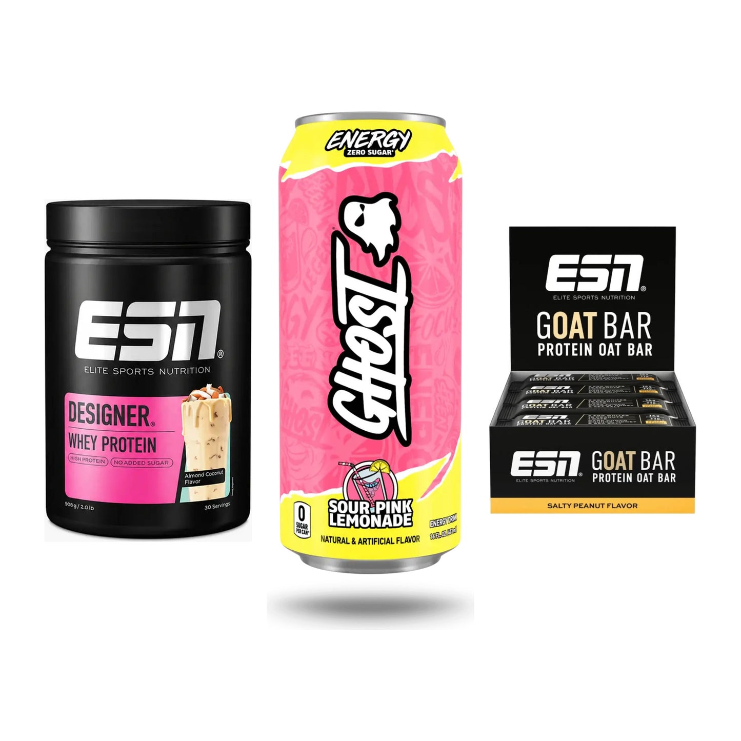 Home-Gym-Starter: ESN Designer Whey + Ghost Energy + 5× ESN Goat Bar – alle enthaltenen Artikel