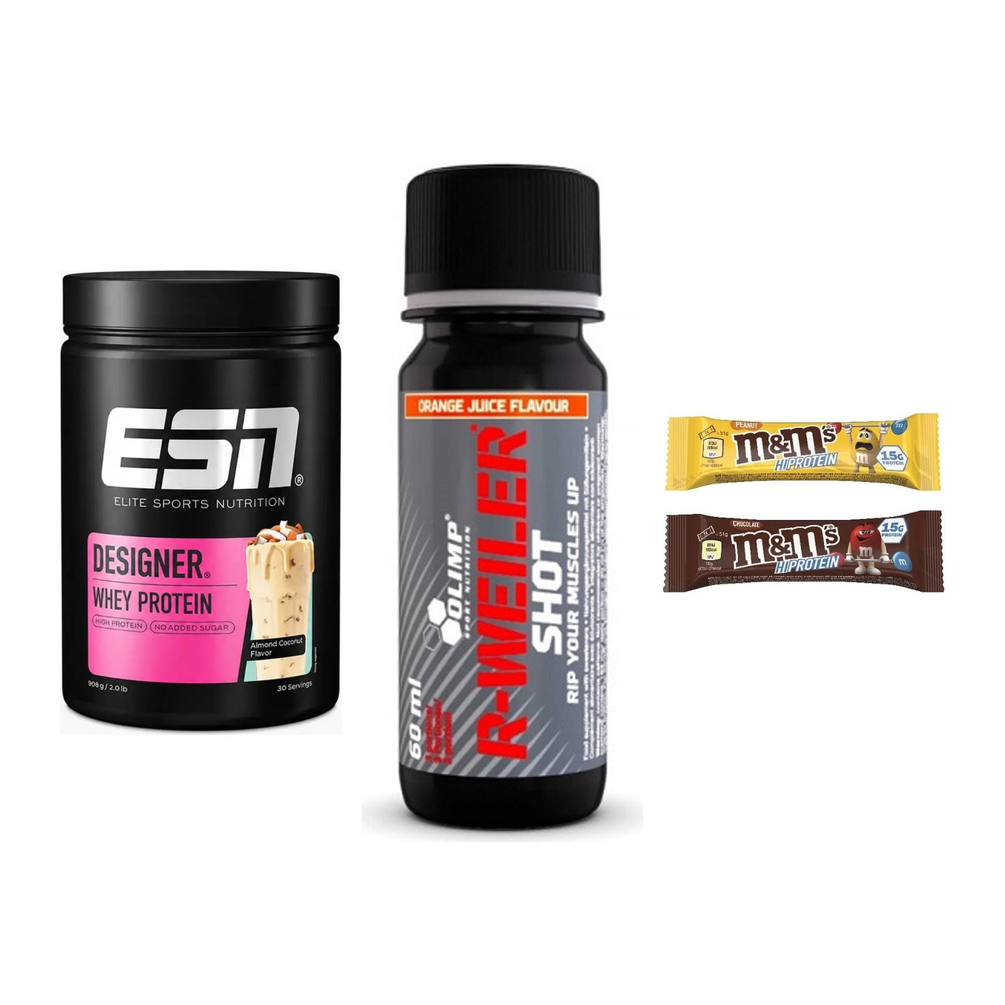 Home-Gym-Starter: ESN Designer + Olimp R-Weiler + 5× M&M Protein Bar – alle enthaltenen Artikel