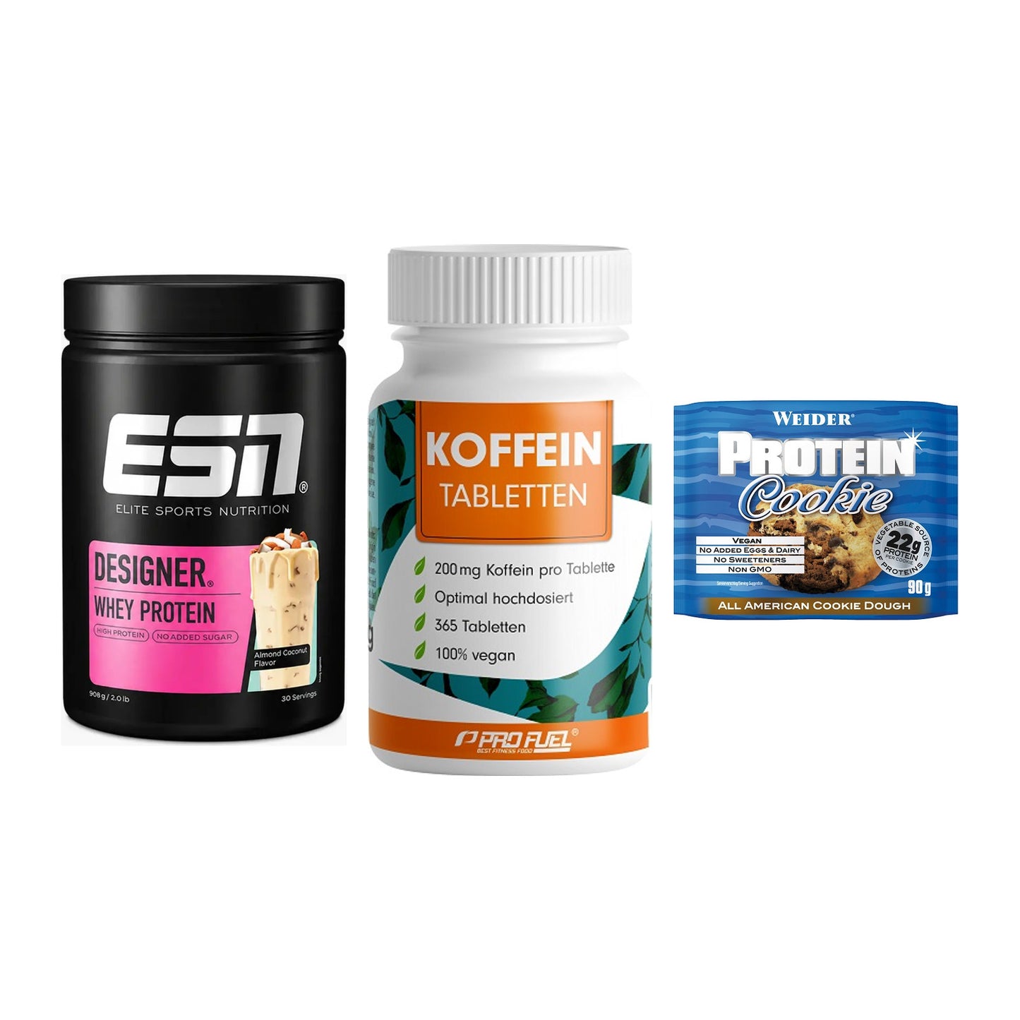 Home-Gym-Starter: ESN Designer + ProFuel Koffein + 5× Weider Protein – alle enthaltenen Artikel