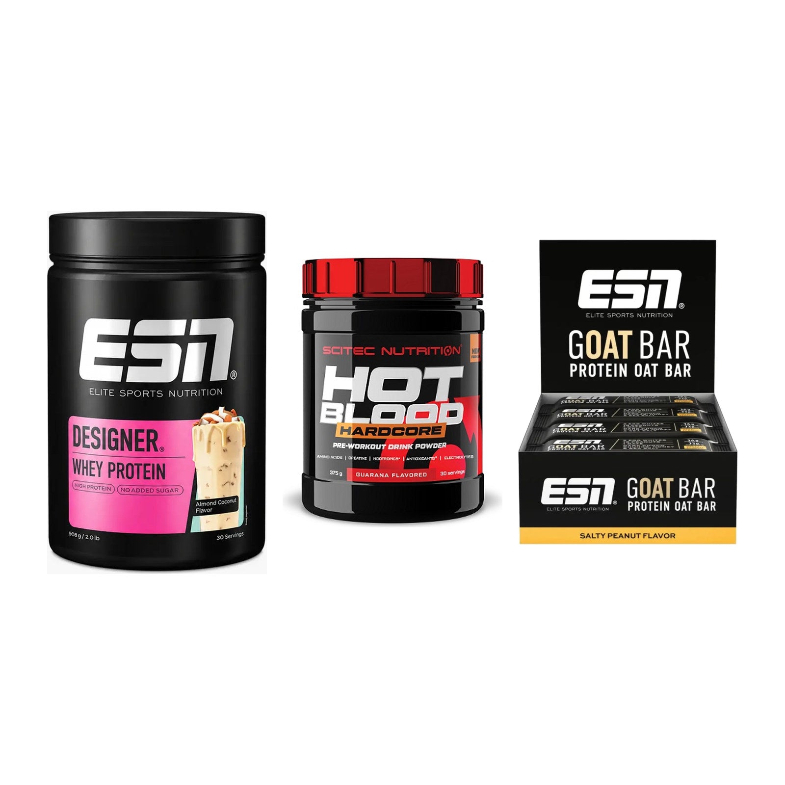 Home-Gym-Starter: ESN Designer + Scitec Hot + 5× ESN Goat Bar – alle enthaltenen Artikel