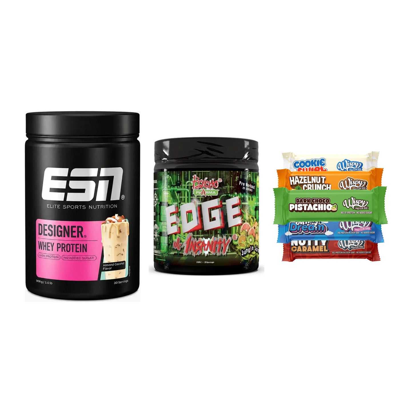 Home-Gym-Starter: ESN Designer + Psycho Pharma + 5× Wispy Protein – alle enthaltenen Artikel