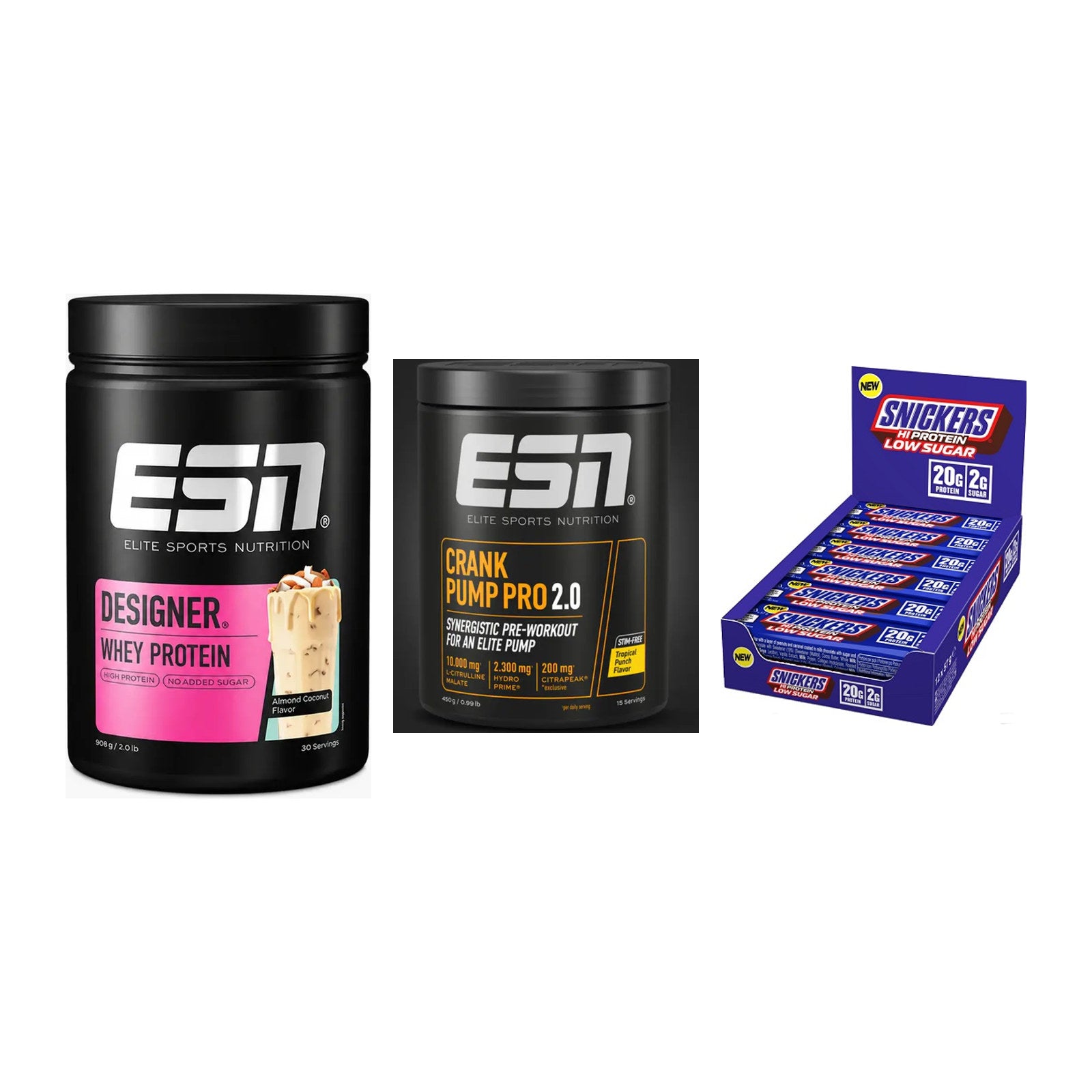 Home-Gym-Starter: ESN Designer + ESN Crank Pump + 5× Snickers LOW – alle enthaltenen Artikel