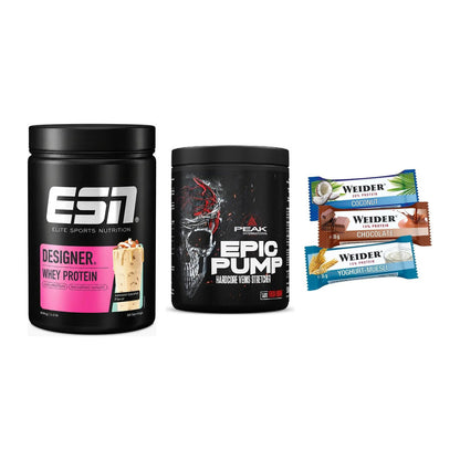 Home-Gym-Starter: ESN Designer Whey + Peak EPIC Pump + 5× Weider BAR – alle enthaltenen Artikel