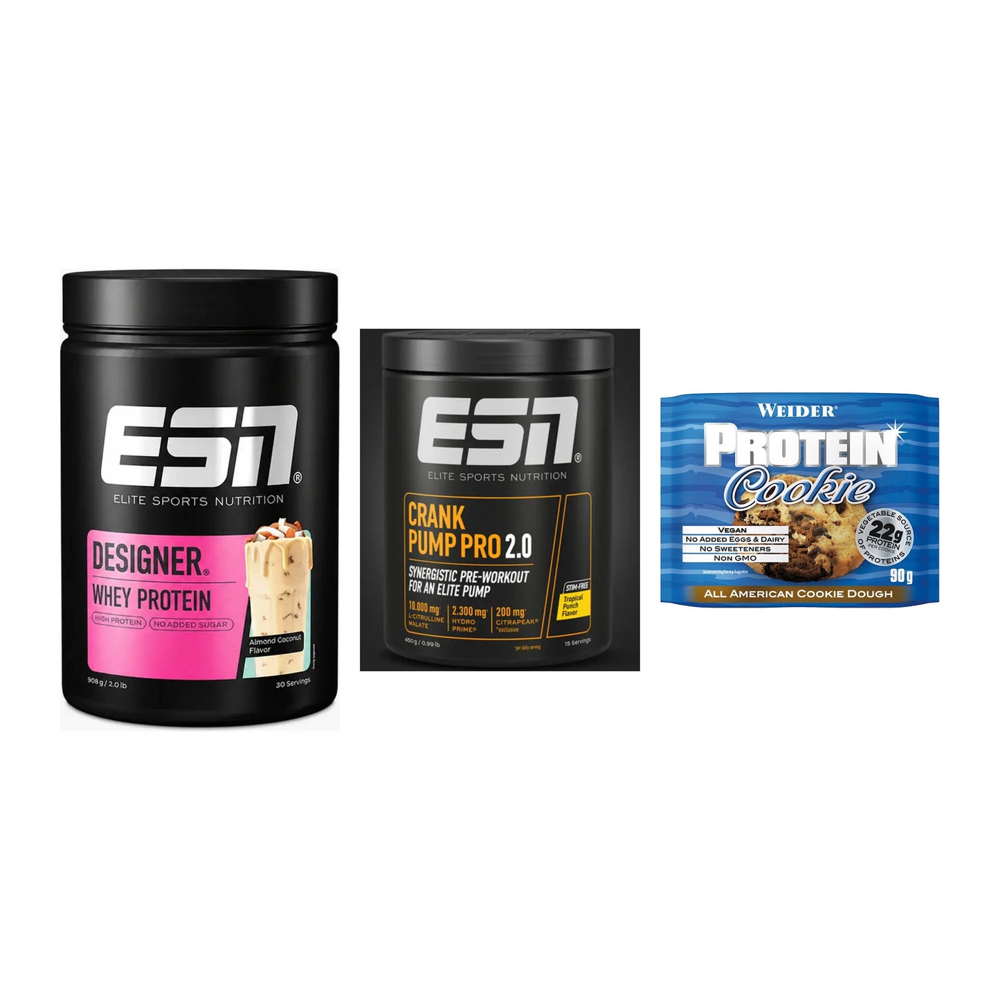 Home-Gym-Starter: ESN Designer + ESN Crank Pump + 5× Weider Protein – alle enthaltenen Artikel