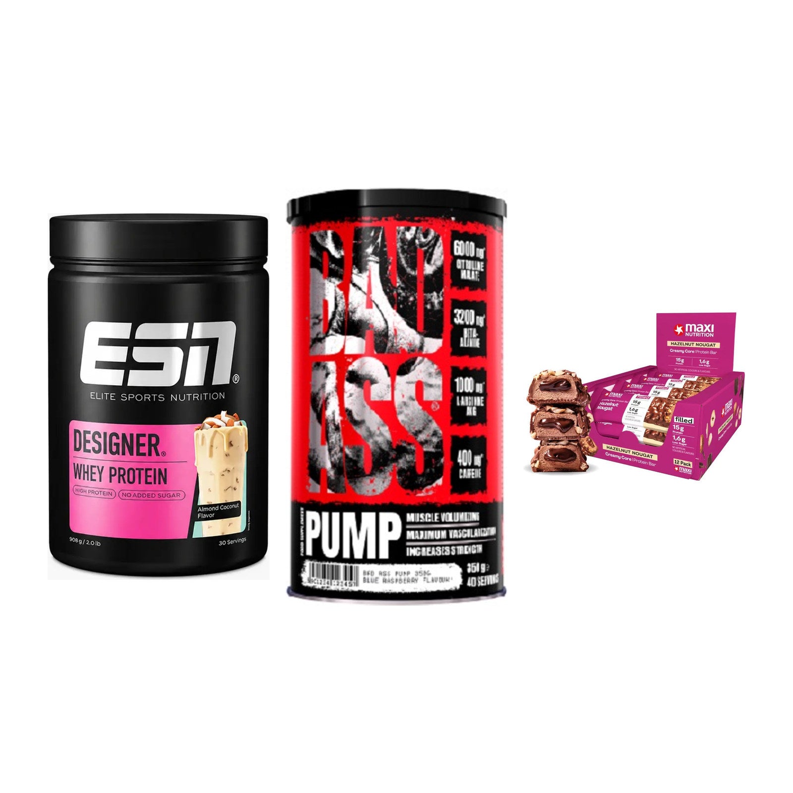 Home-Gym-Starter: ESN Designer + BAD ASS Pump + 5× MaxiNutrition – alle enthaltenen Artikel