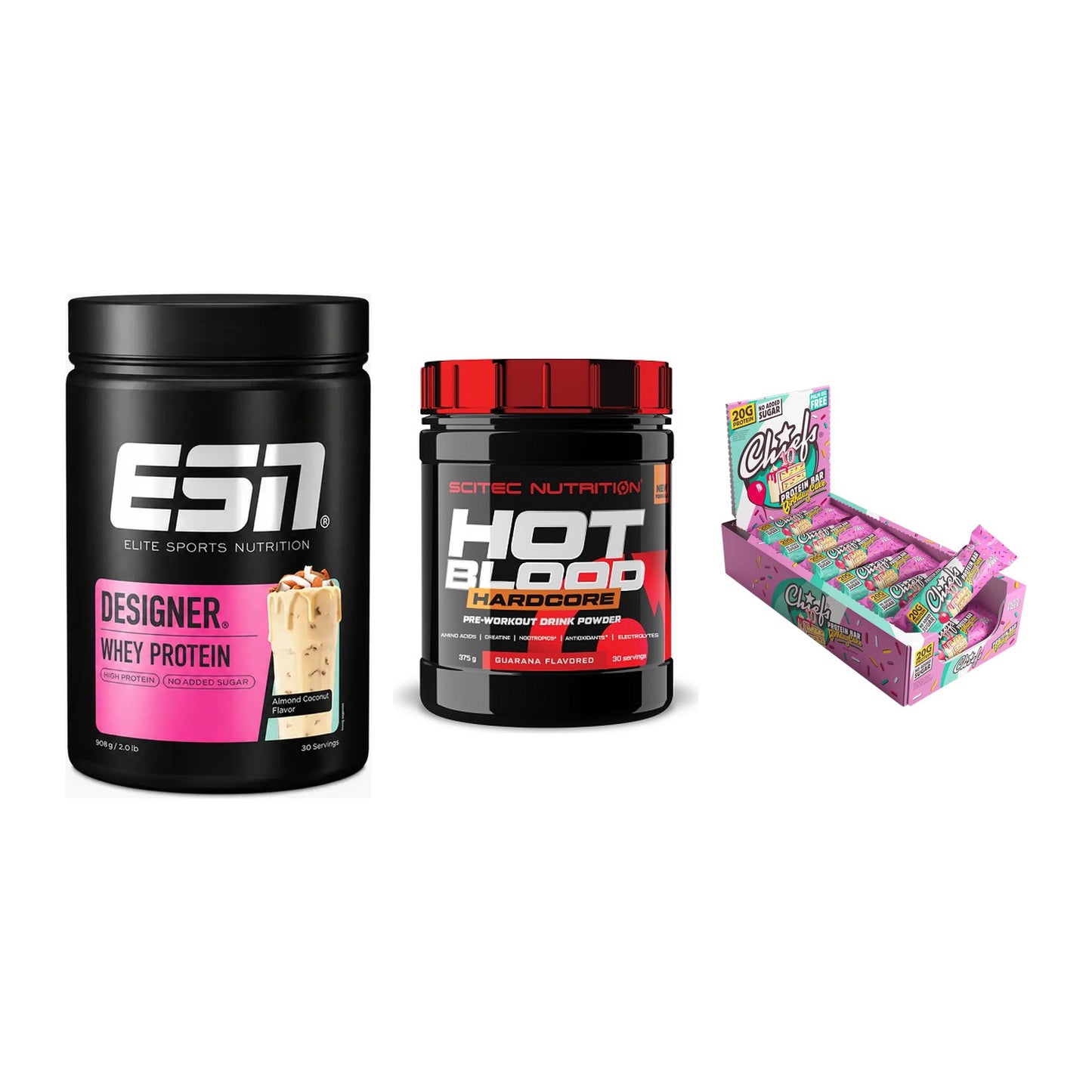 Home-Gym-Starter: ESN Designer + Scitec Hot + 5× Chiefs Protein – alle enthaltenen Artikel