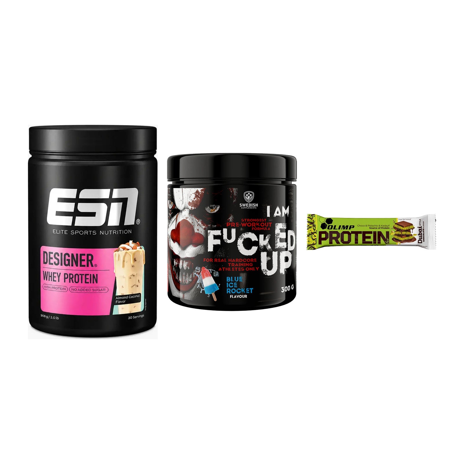 Home-Gym-Starter: ESN Designer + Swedish Supplem + 5× Olimp Protein – alle enthaltenen Artikel
