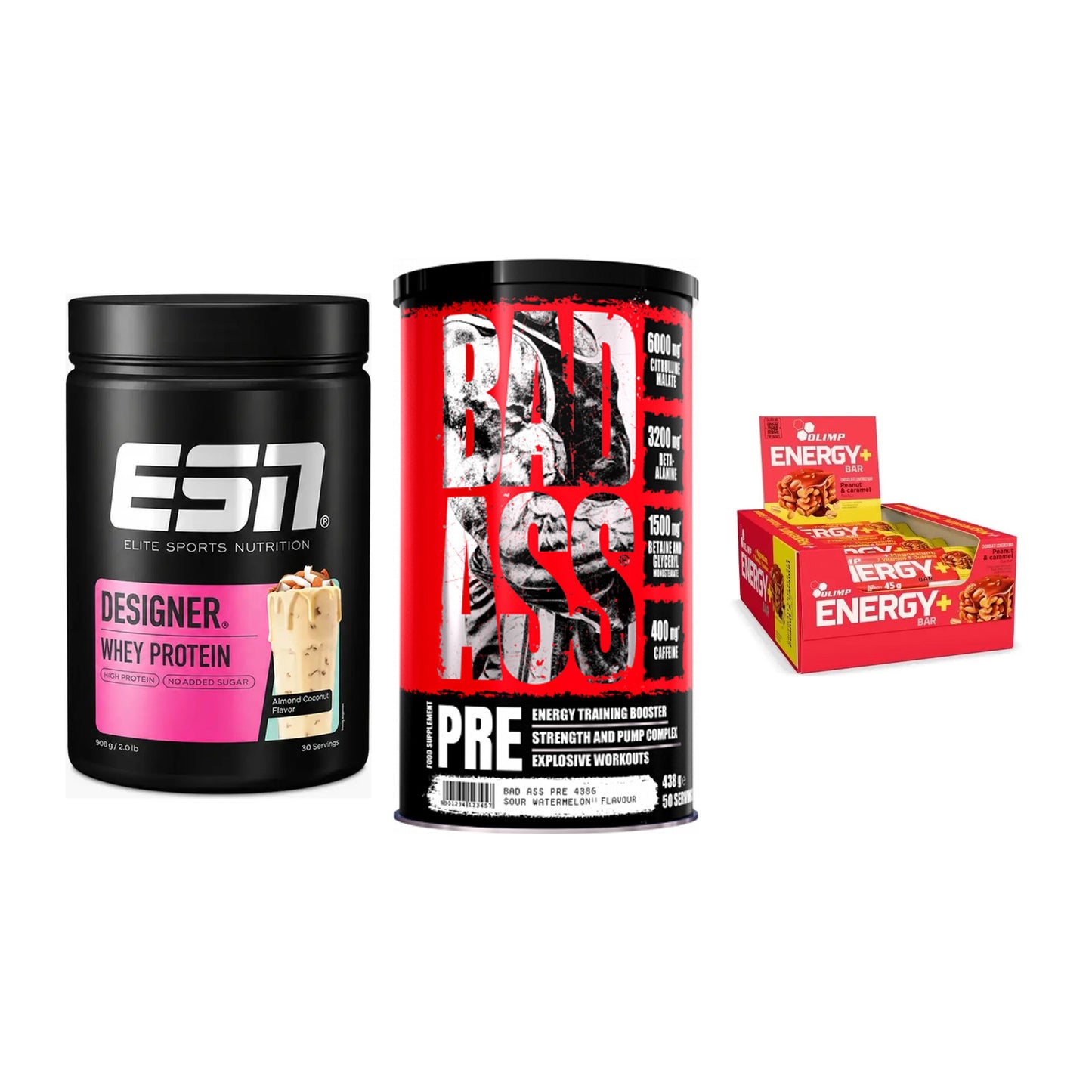 Home-Gym-Starter: ESN Designer + BAD ASS Pre + 5× Olimp Energy – alle enthaltenen Artikel