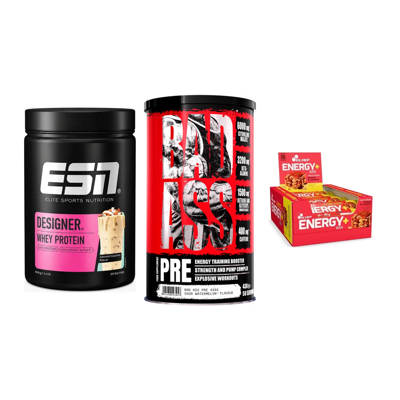Home-Gym-Starter: ESN Designer + BAD ASS Pre + 5× Olimp Energy – alle enthaltenen Artikel