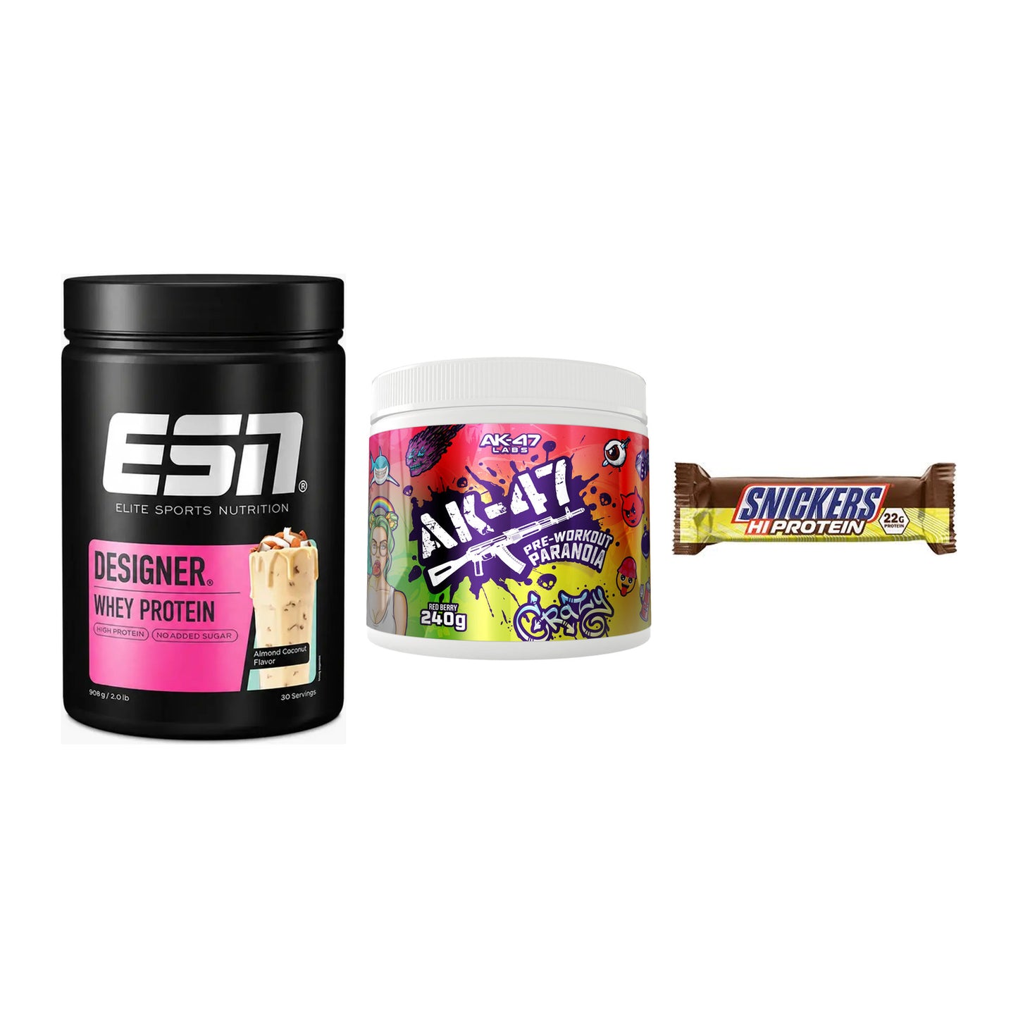 Home-Gym-Starter: ESN Designer + AK47 Labs + 5× Snickers High – alle enthaltenen Artikel