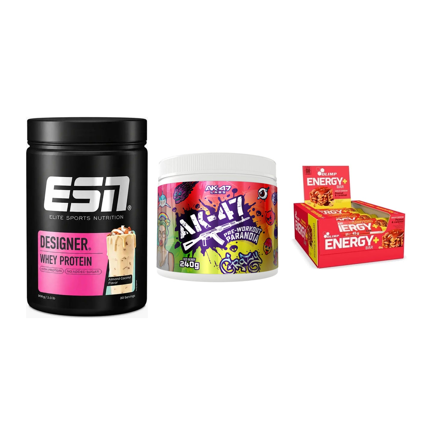 Home-Gym-Starter: ESN Designer + AK47 Labs + 5× Olimp Energy – alle enthaltenen Artikel