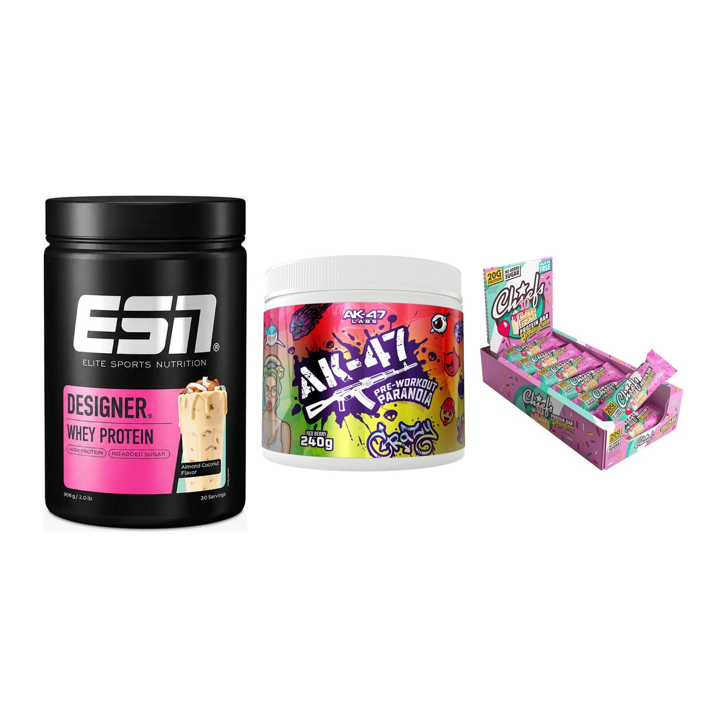 Home-Gym-Starter: ESN Designer + AK47 Labs + 5× Chiefs Protein – alle enthaltenen Artikel