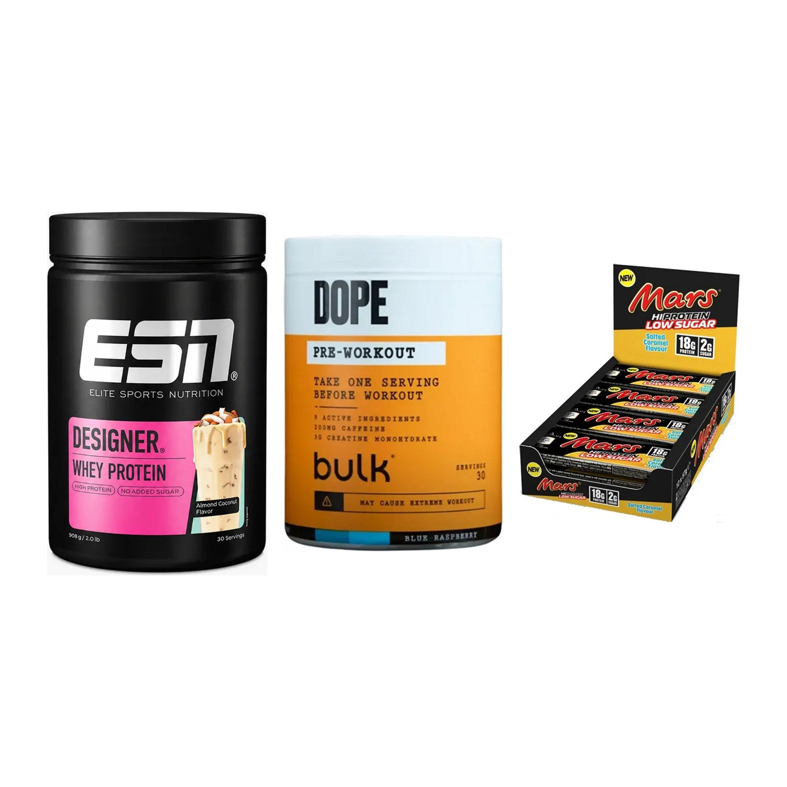 Home-Gym-Starter: ESN Designer + Bulk Dope + 5× Mars Low Sugar – alle enthaltenen Artikel