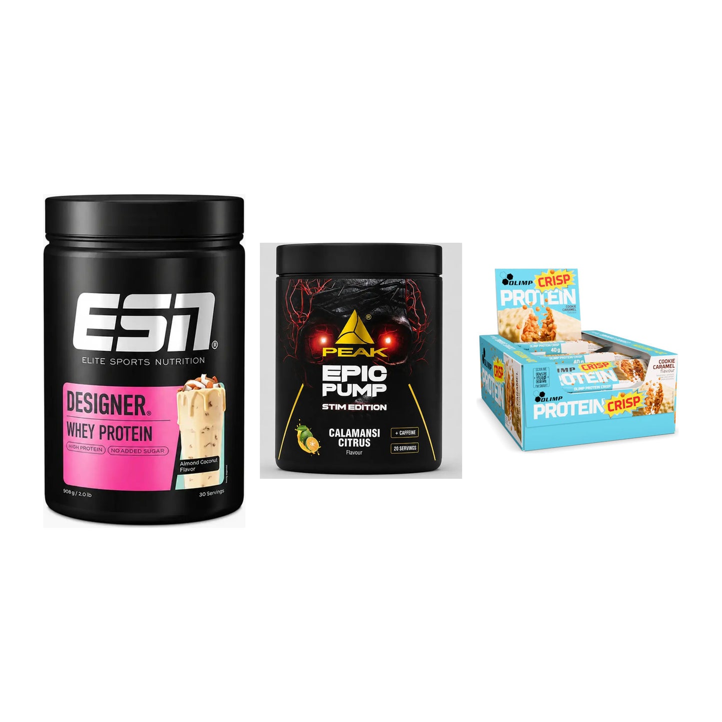 Home-Gym-Starter: ESN Designer + Peak Epic Pump + 5× Olimp Protein – alle enthaltenen Artikel