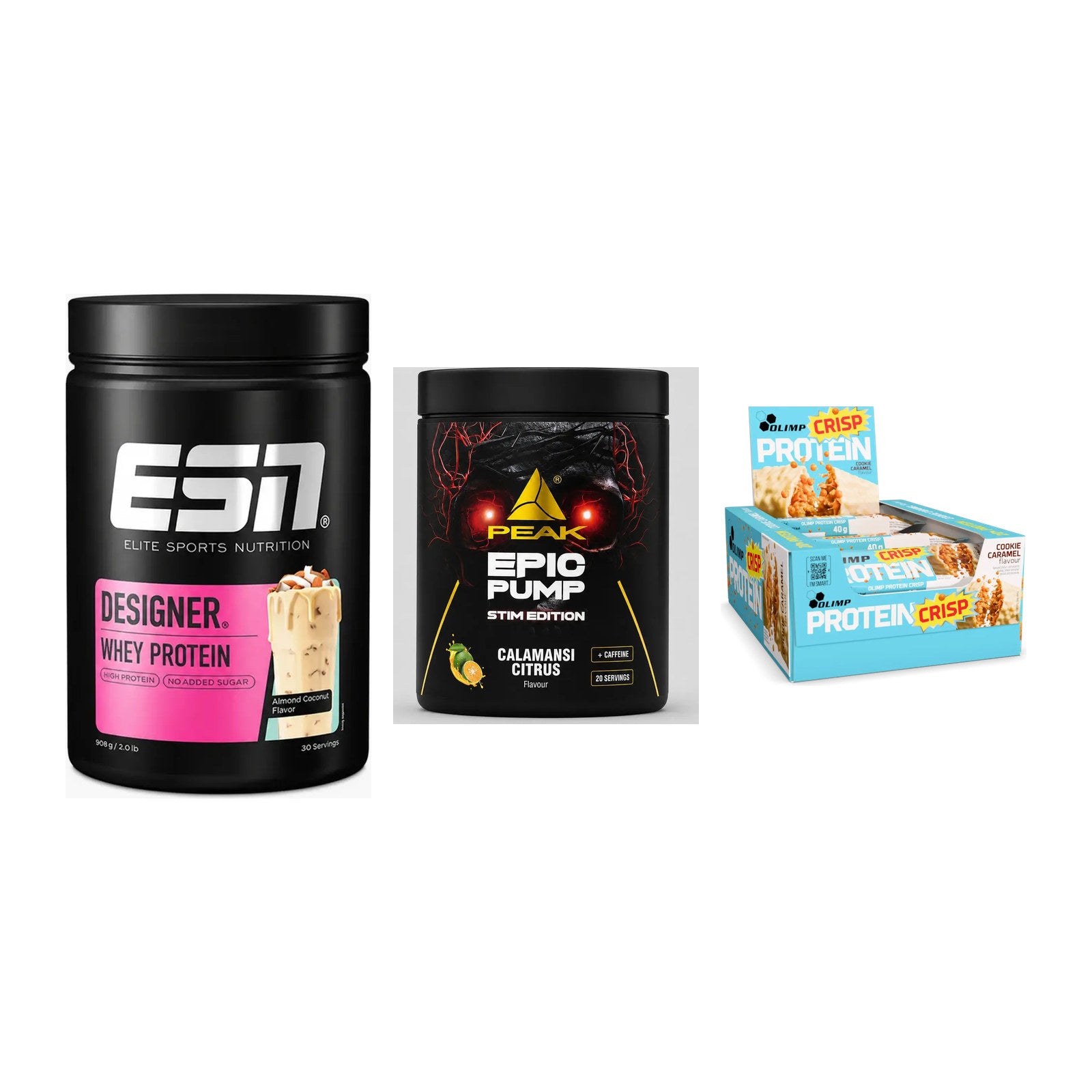 Home-Gym-Starter: ESN Designer + Peak Epic Pump + 5× Olimp Protein – alle enthaltenen Artikel