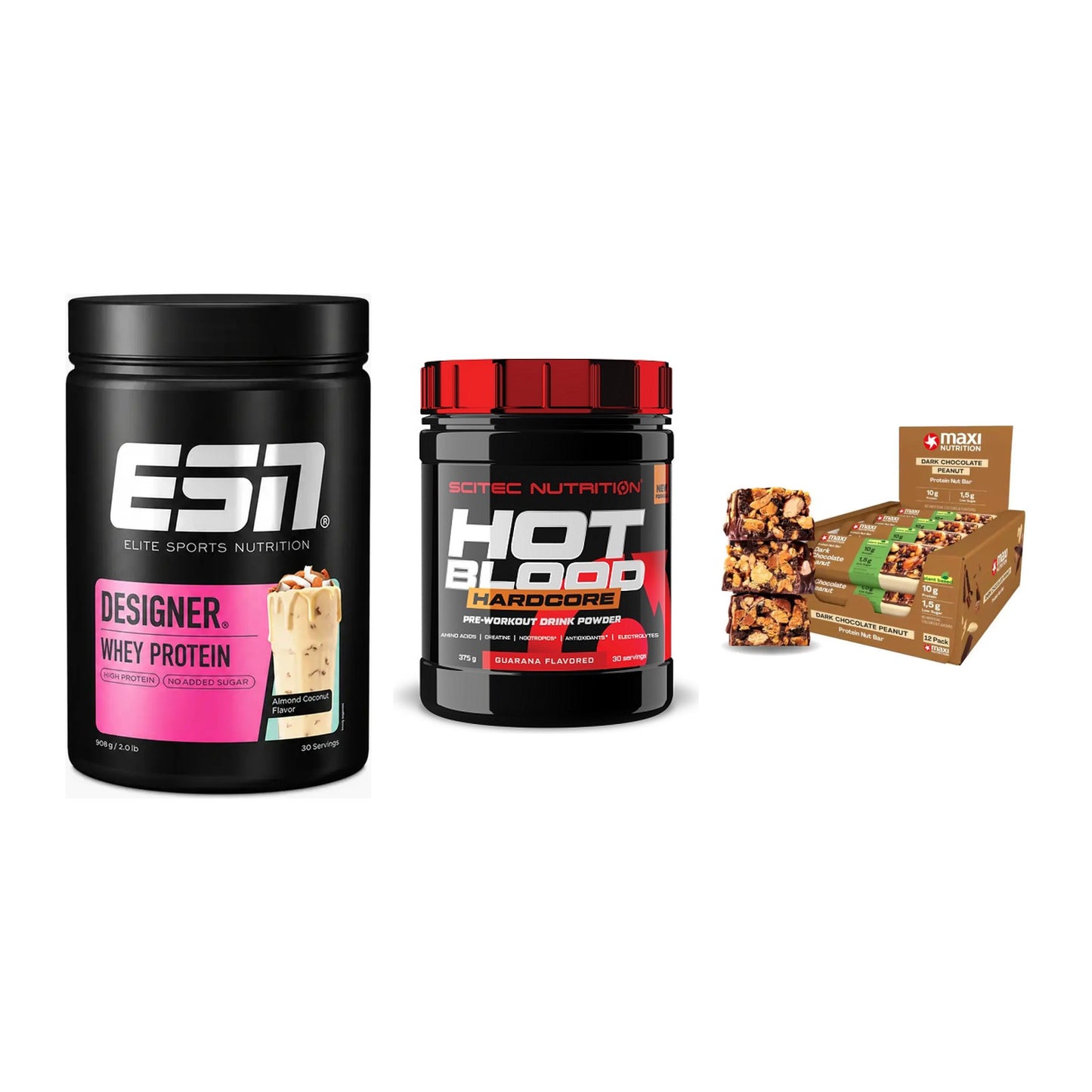 Home-Gym-Starter: ESN Designer + Scitec Hot + 5× MaxiNutrition – alle enthaltenen Artikel