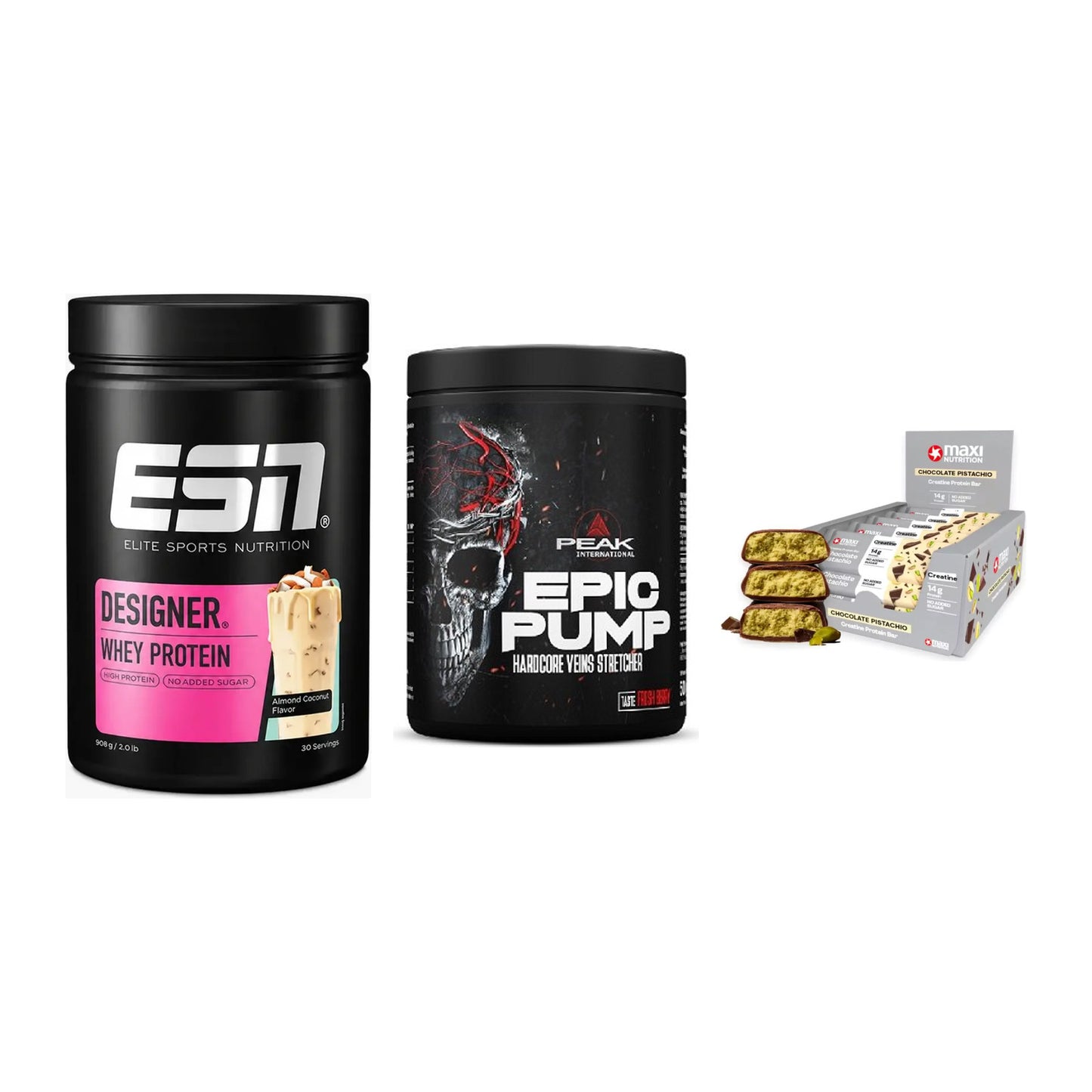 Home-Gym-Starter: ESN Designer + Peak EPIC Pump + 5× MaxiNutrition – alle enthaltenen Artikel
