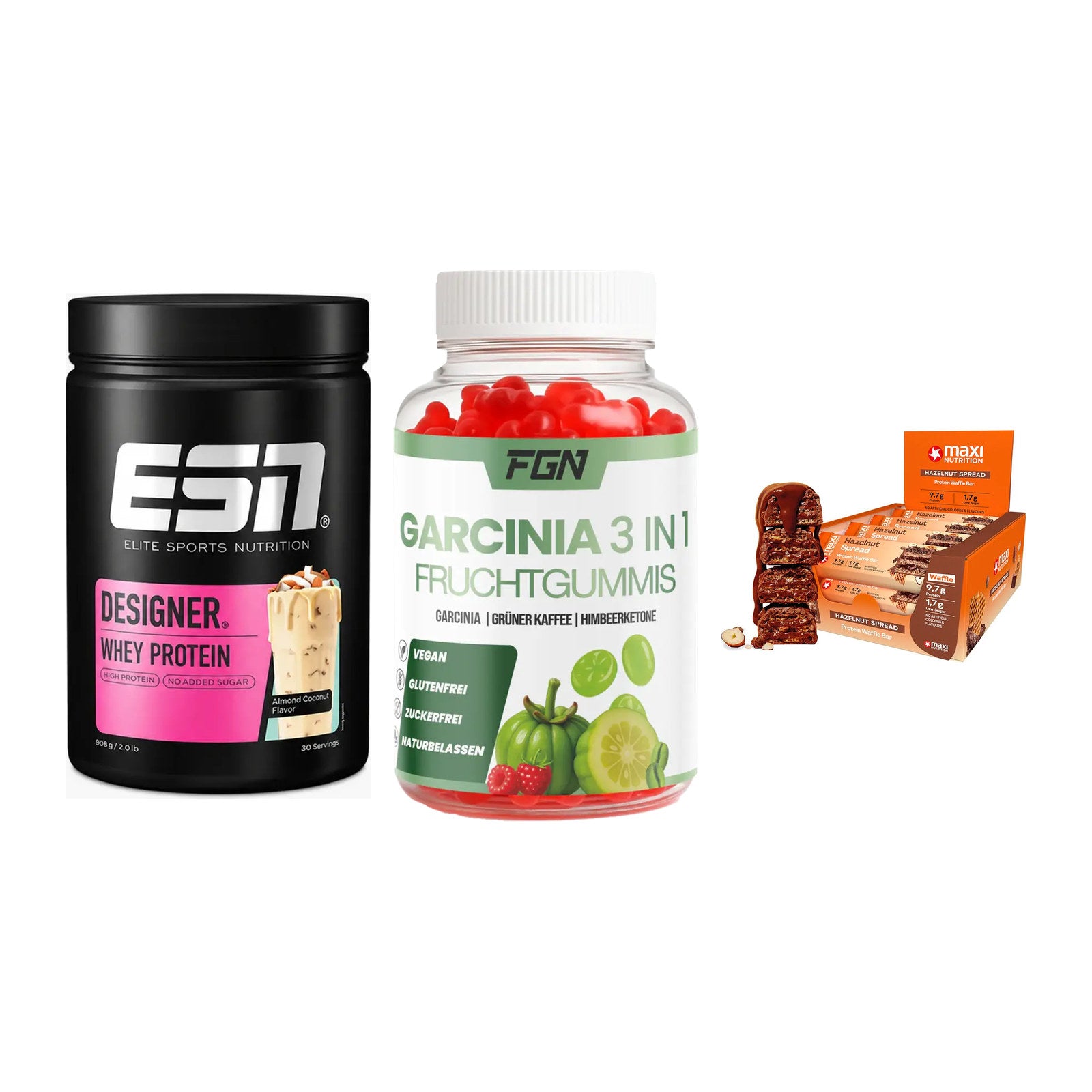 Home-Gym-Starter: ESN Designer + FGN Garcinia 60 + 5× MaxiNutrition – alle enthaltenen Artikel
