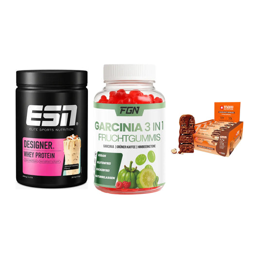 Home-Gym-Starter: ESN Designer + FGN Garcinia 60 + 5× MaxiNutrition – alle enthaltenen Artikel