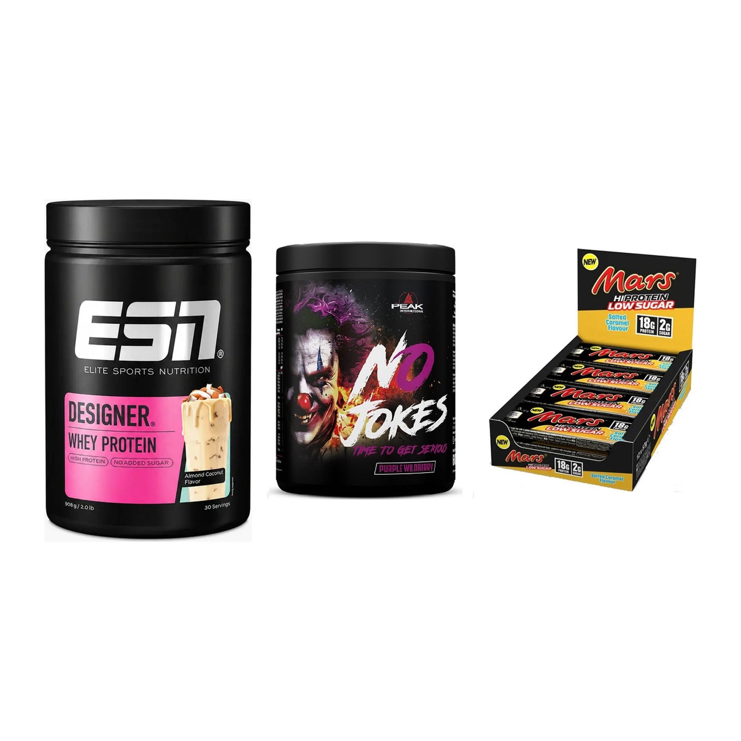 Home-Gym-Starter: ESN Designer + Peak No Jokes + 5× Mars Low Sugar – alle enthaltenen Artikel