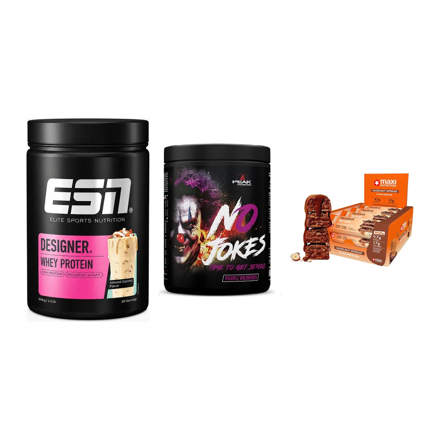Home-Gym-Starter: ESN Designer + Peak No Jokes + 5× MaxiNutrition – alle enthaltenen Artikel