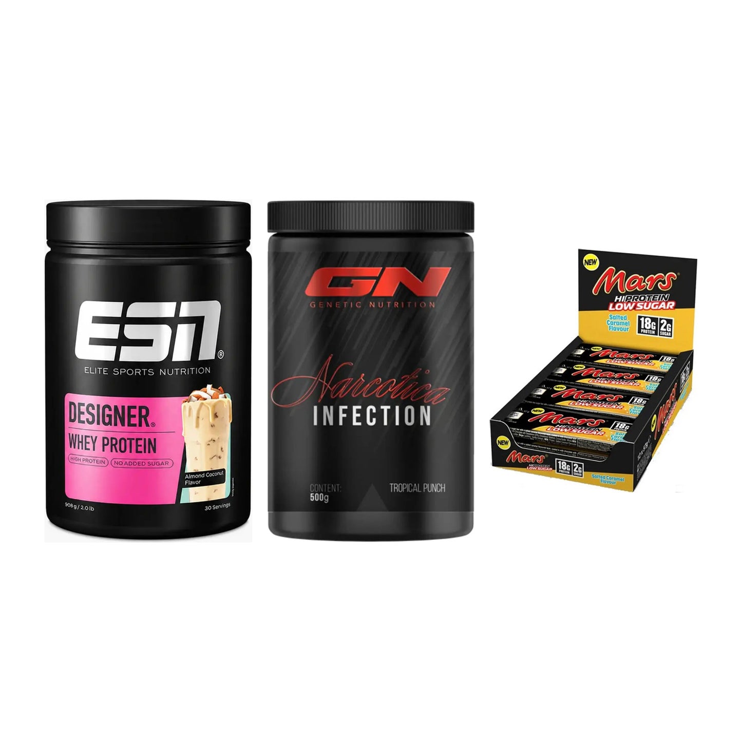 Home-Gym-Starter: ESN Designer + GN Narcotica + 5× Mars Low Sugar – alle enthaltenen Artikel