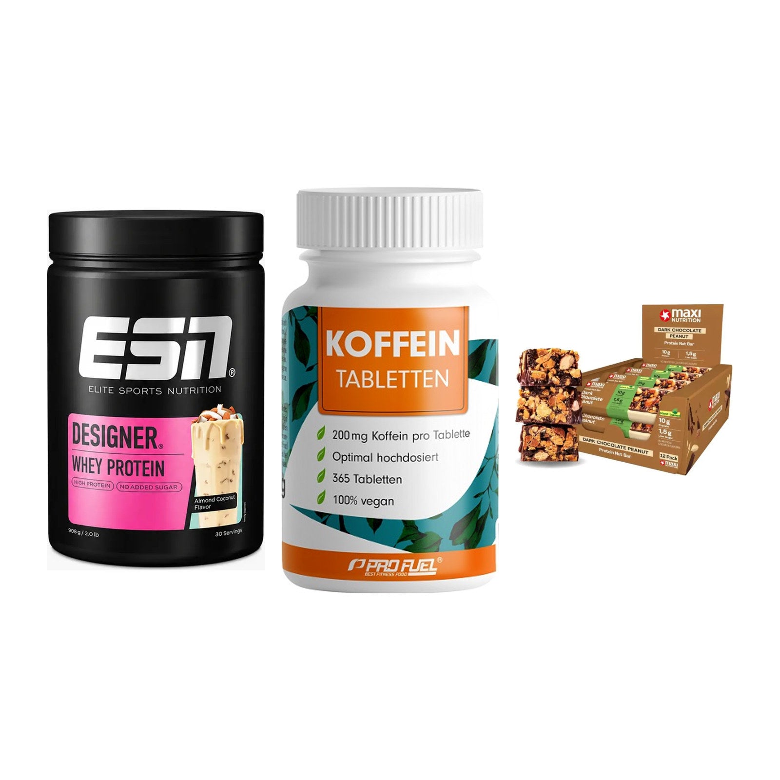 Home-Gym-Starter: ESN Designer + ProFuel Koffein + 5× MaxiNutrition – alle enthaltenen Artikel