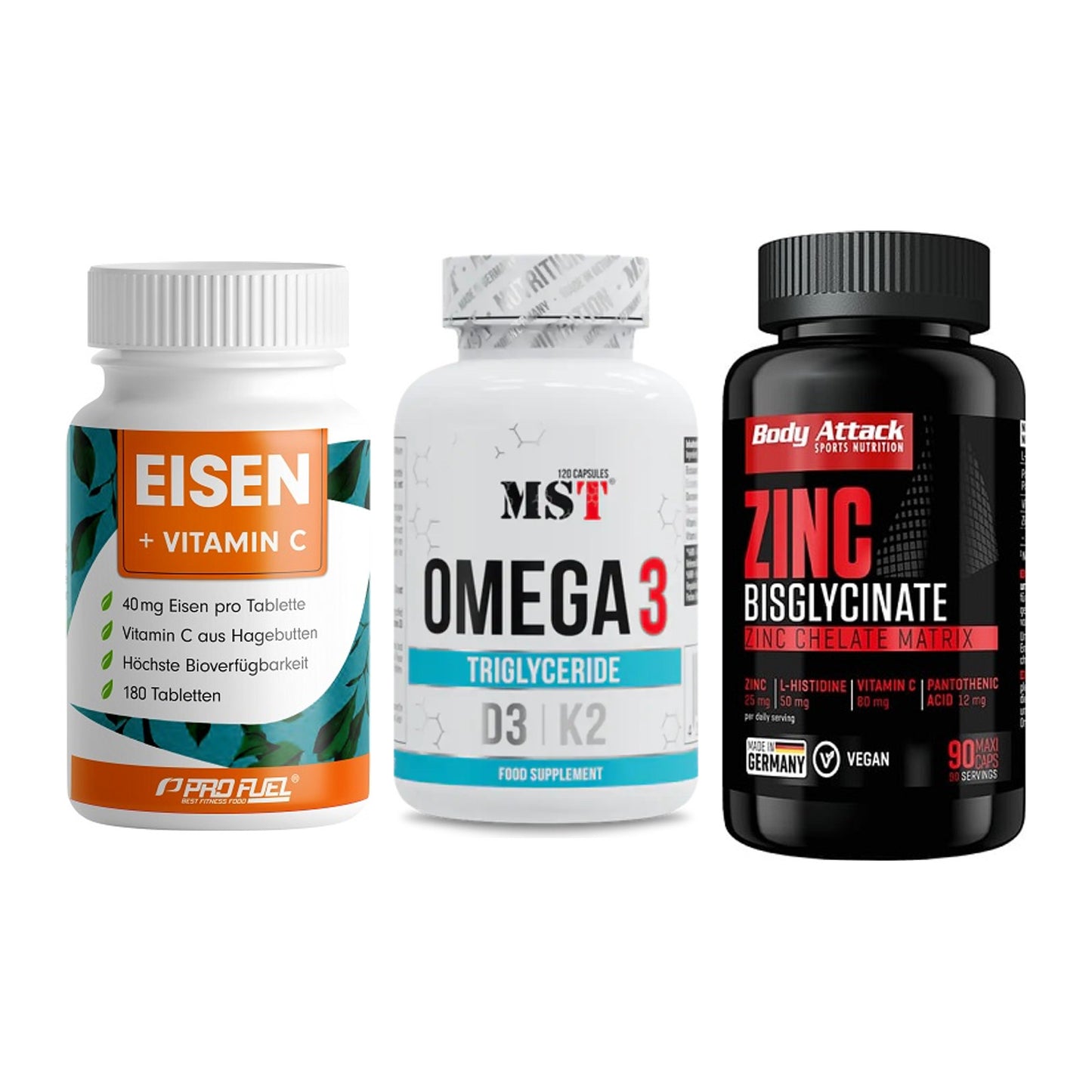 Immun-Set: ProFuel EISEN + MST Omega 3 500 + Body Attack Zink – alle enthaltenen Artikel