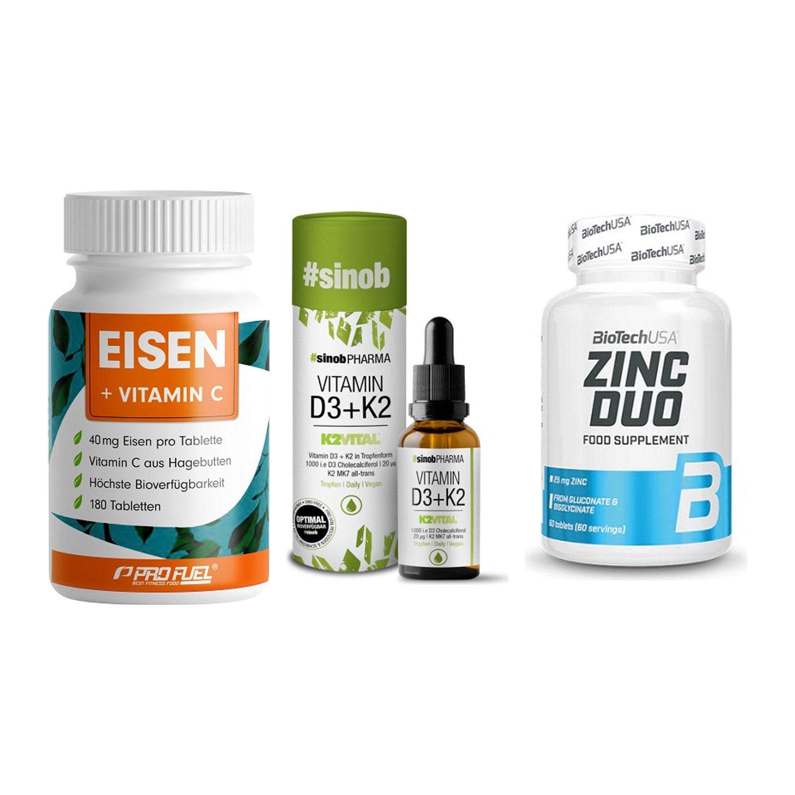 Immun-Set: ProFuel EISEN + Sinob Vitamin D3 + BioTech Zinc Duo – alle enthaltenen Artikel