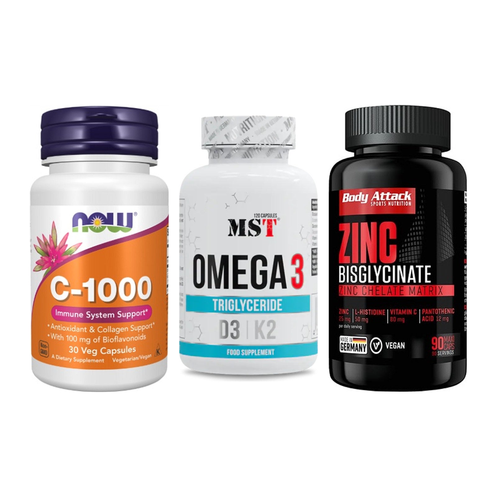 Immun-Set: Now Foods Vitamin + MST Omega 3 500 + Body Attack Zink – alle enthaltenen Artikel