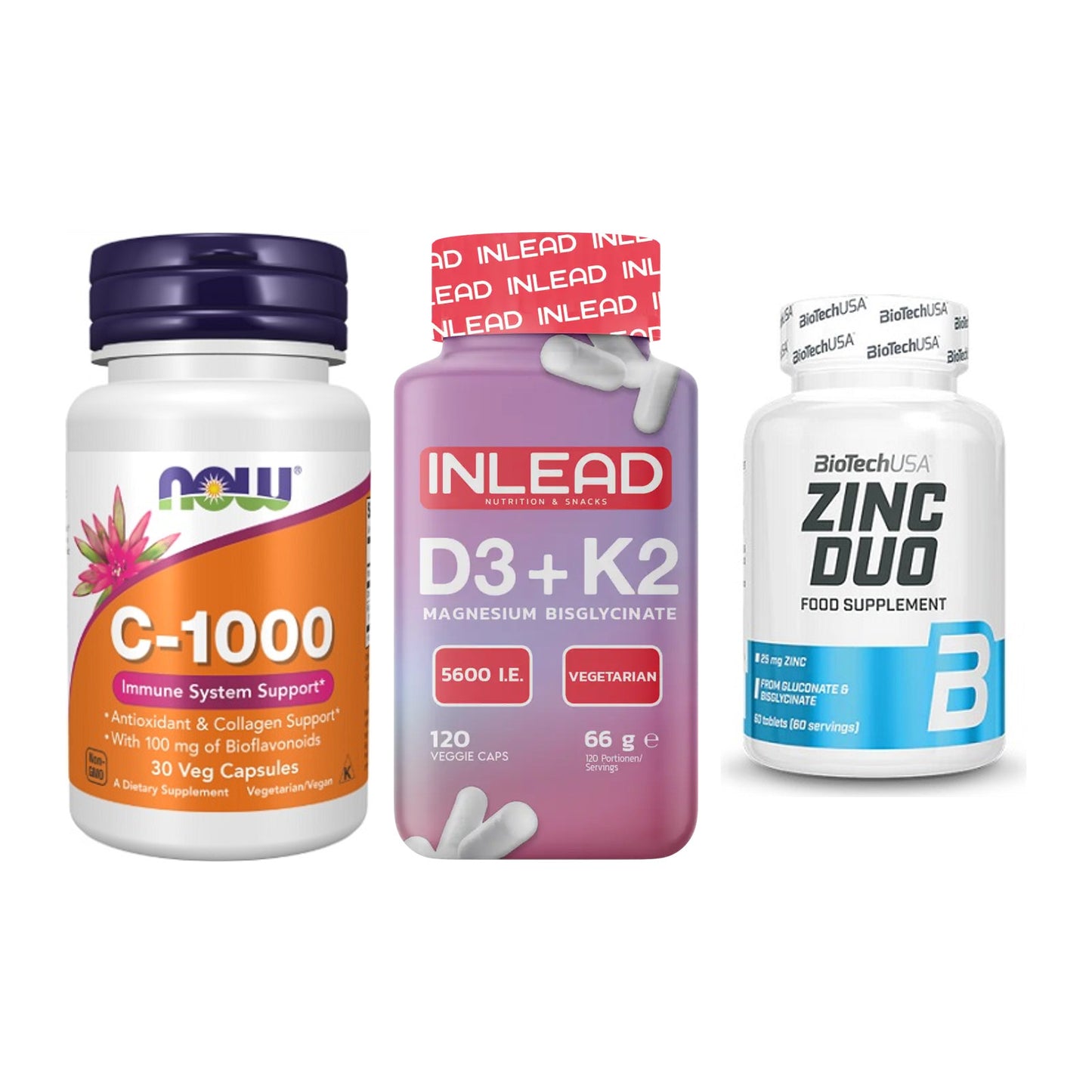 Immun-Set: Now Foods Vitamin + INLEAD Vitamin D3 + BioTech Zinc Duo – alle enthaltenen Artikel