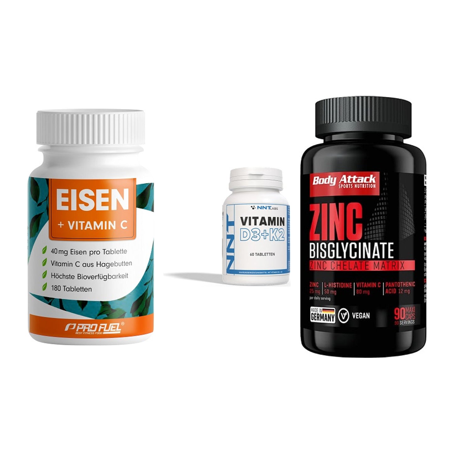 Immun-Set: ProFuel EISEN + NNT Vitamin D3+K2 + Body Attack Zink – alle enthaltenen Artikel