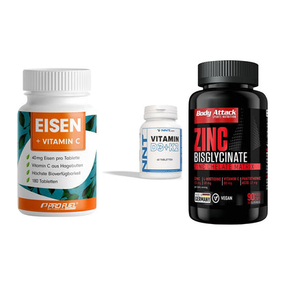 Immun-Set: ProFuel EISEN + NNT Vitamin D3+K2 + Body Attack Zink – alle enthaltenen Artikel