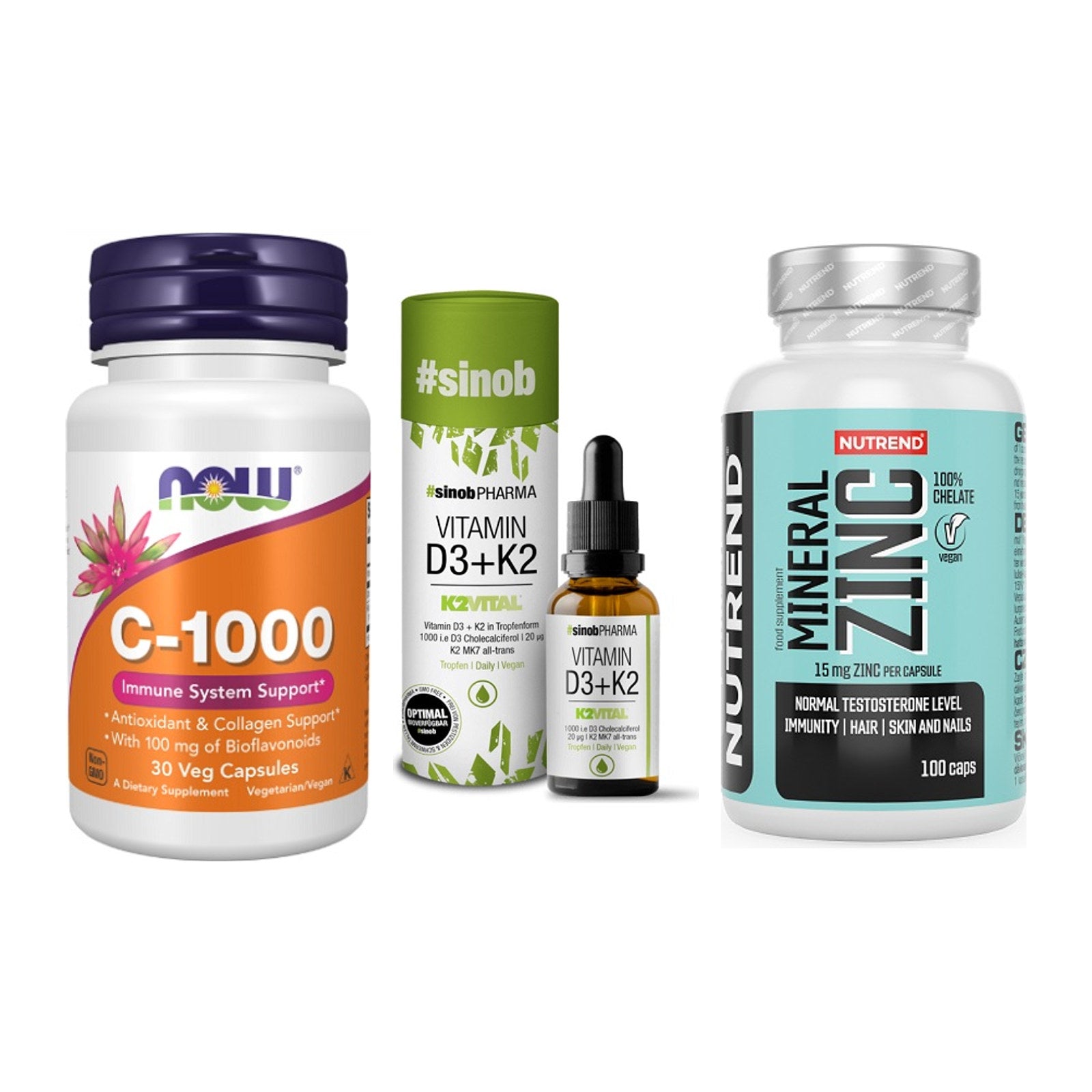 Immun-Set: Now Foods Vitamin + Sinob Vitamin D3 + Nutrend Zinc – alle enthaltenen Artikel
