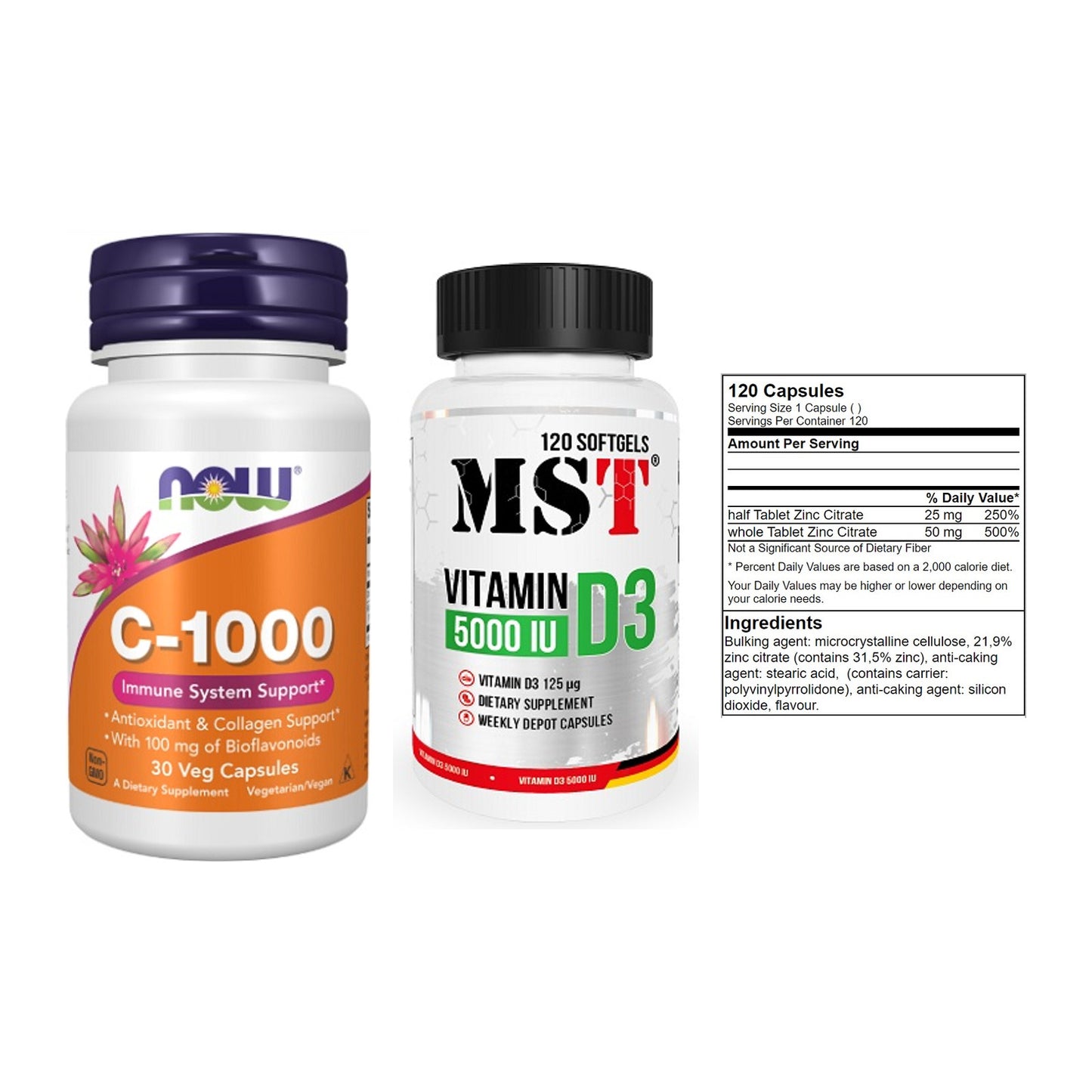 Immun-Set: Now Foods Vitamin + MST Vitamin D3 + GN Zinc Citrate – alle enthaltenen Artikel