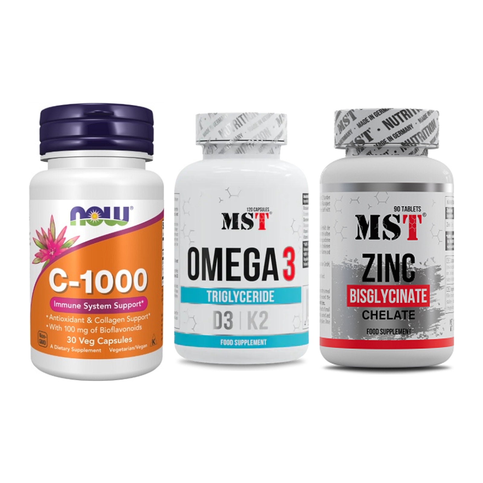 Immun-Set: Now Foods Vitamin + MST Omega 3 500 + MST Zinc Chelate – alle enthaltenen Artikel
