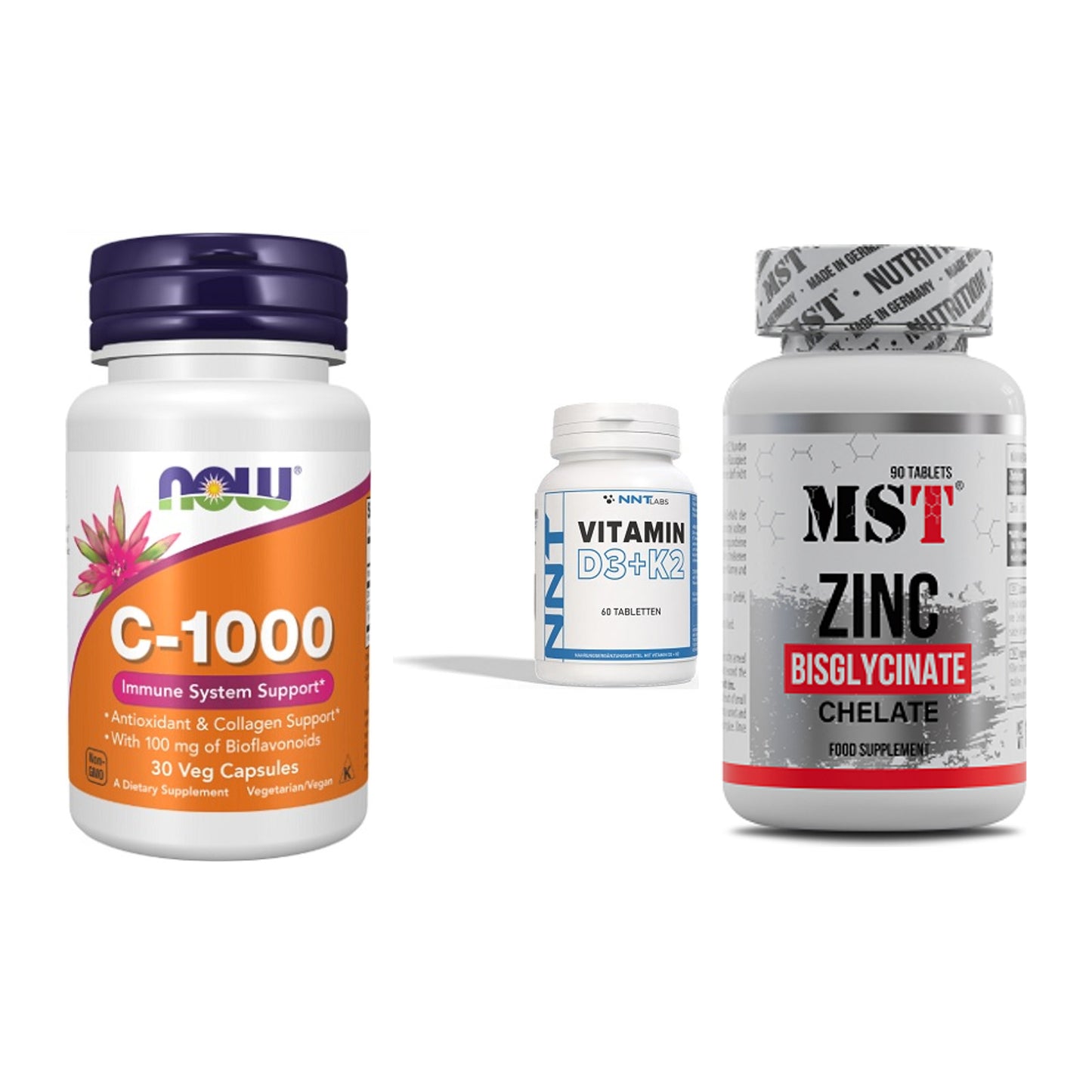 Immun-Set: Now Foods Vitamin + NNT Vitamin D3+K2 + MST Zinc Chelate – alle enthaltenen Artikel