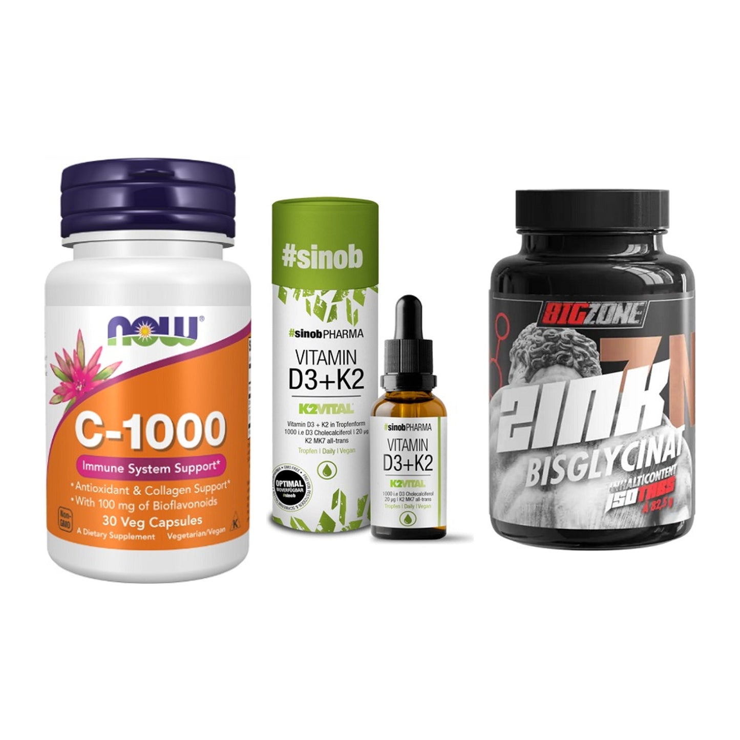 Immun-Set: Now Foods Vitamin + Sinob Vitamin D3 + Big Zone Zink – alle enthaltenen Artikel